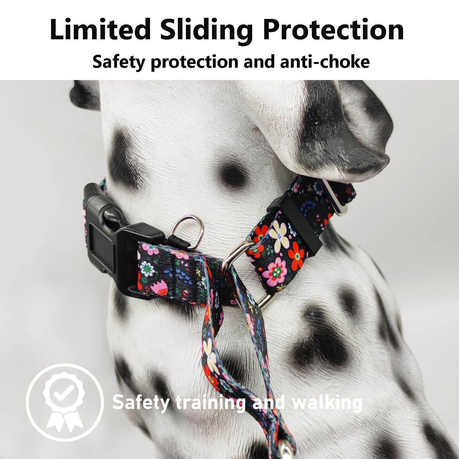 Fidohug Martingale Dog Collar With Buckle Adjustable Nylon Limited Slip Training Floral Dog Collars (Black Pink Red, Large)