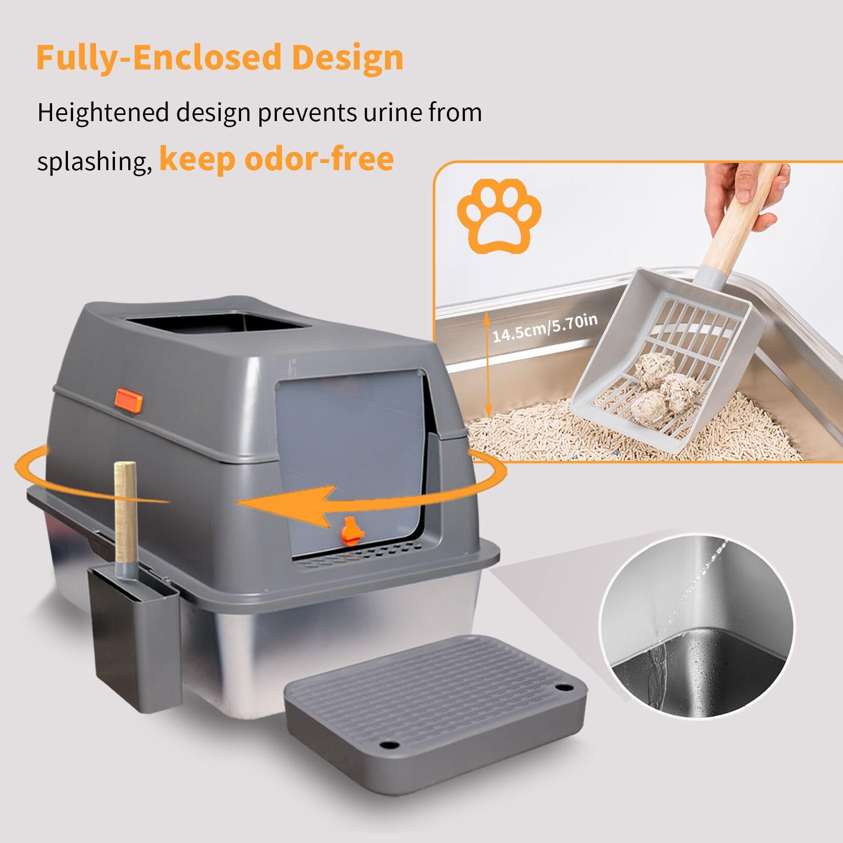 Stainless Steel Cat Litter Box: Extra Large Covered Metal Litter Box Non-Sticky And Anti-Urine Leakage - High Sided Enclosed Kit