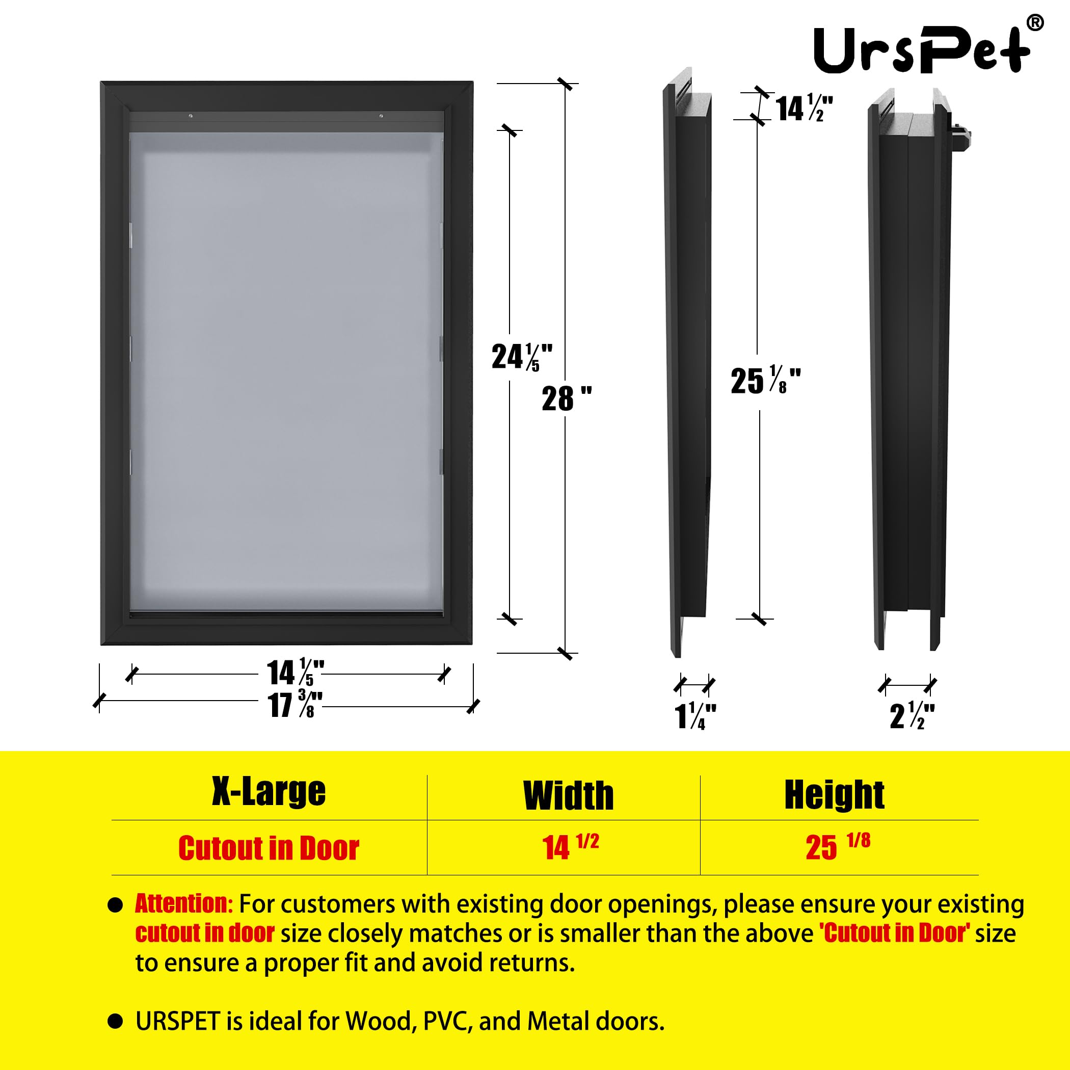 URSPET Extra Large Aluminum Dog Door - Heavy Duty, Lockable, Black, 14.5"W x 25.125"H, for Dogs Up to 220 lbs, Model BD01