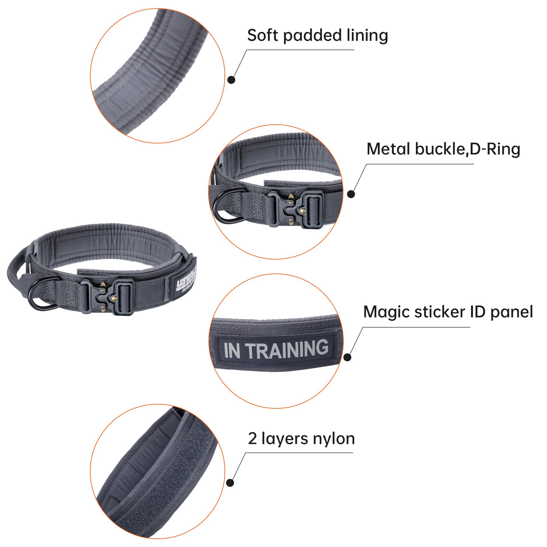 Excellent Elite Spanker Tactical Dog Collar Nylon Adjustable K9 Collar Military Dog Collar Heavy Duty Metal Buckle With Handle(Grey-M)