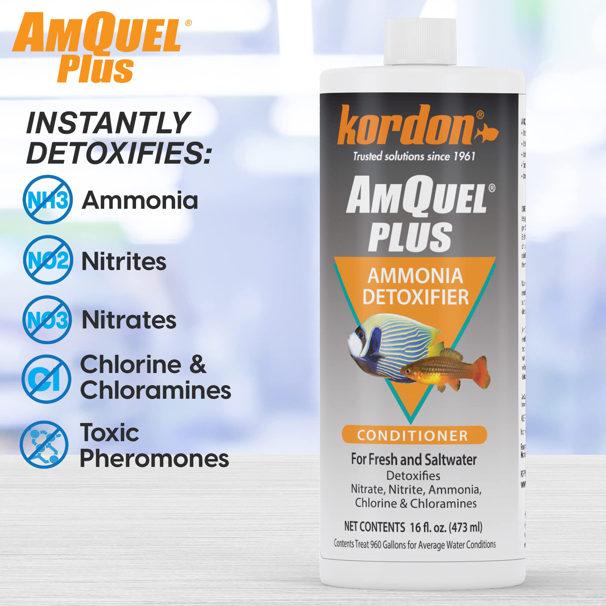 Kordon AmQuel Plus Aquarium Water Conditioner - Instantly Detoxifies Ammonia, Nitrite, Nitrate, and Chlorine Remover for Freshwa