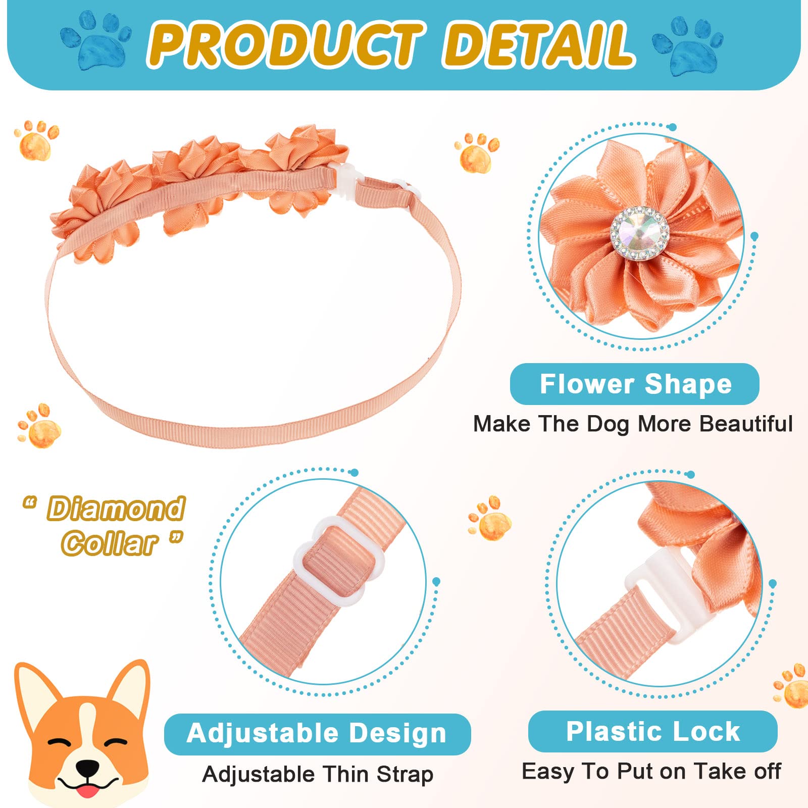 Reginary 80 Pcs Dog Bowtie Flower Collar Girl Dog Accessories Adjustable Girl Puppy Collars Cat Bow Tie Flower With Diamond Crys