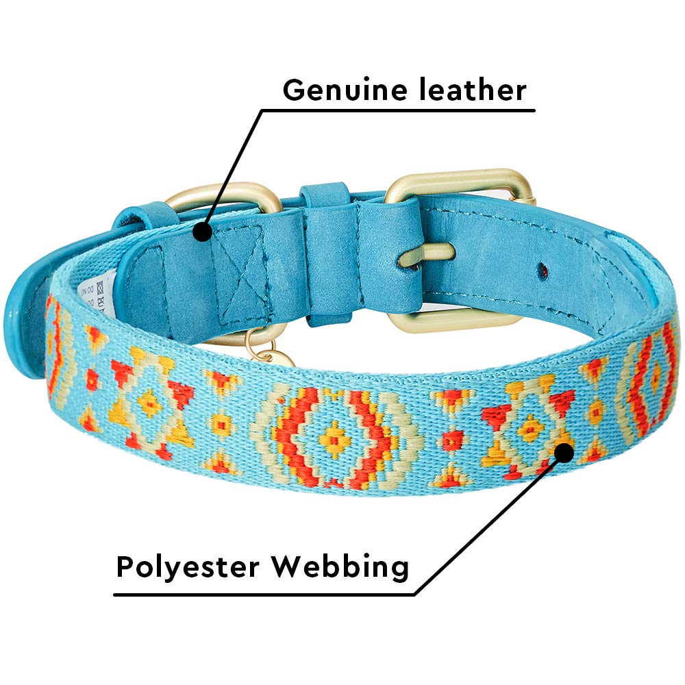 Blueberry Pet 3 Patterns Southwestern Magical Tribal Print Genuine Leather & Polyester Fabric Combo Dog Collar with Metal Buckle