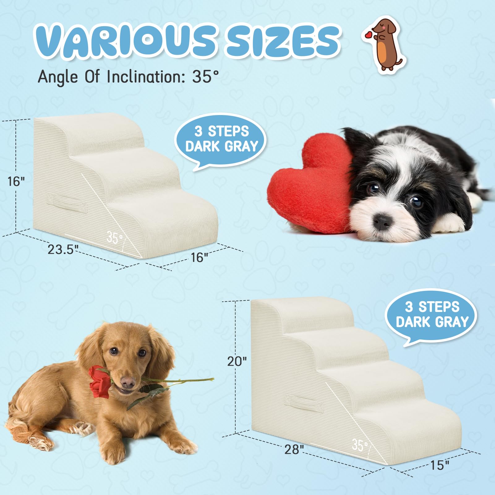 Mesa Lemon 3-Step Pet Stairs for Small Dogs & Cats, Non-Slip, Removable Cover, Beige, 16"H, Model ML-YKUS240521DS3BEIGE