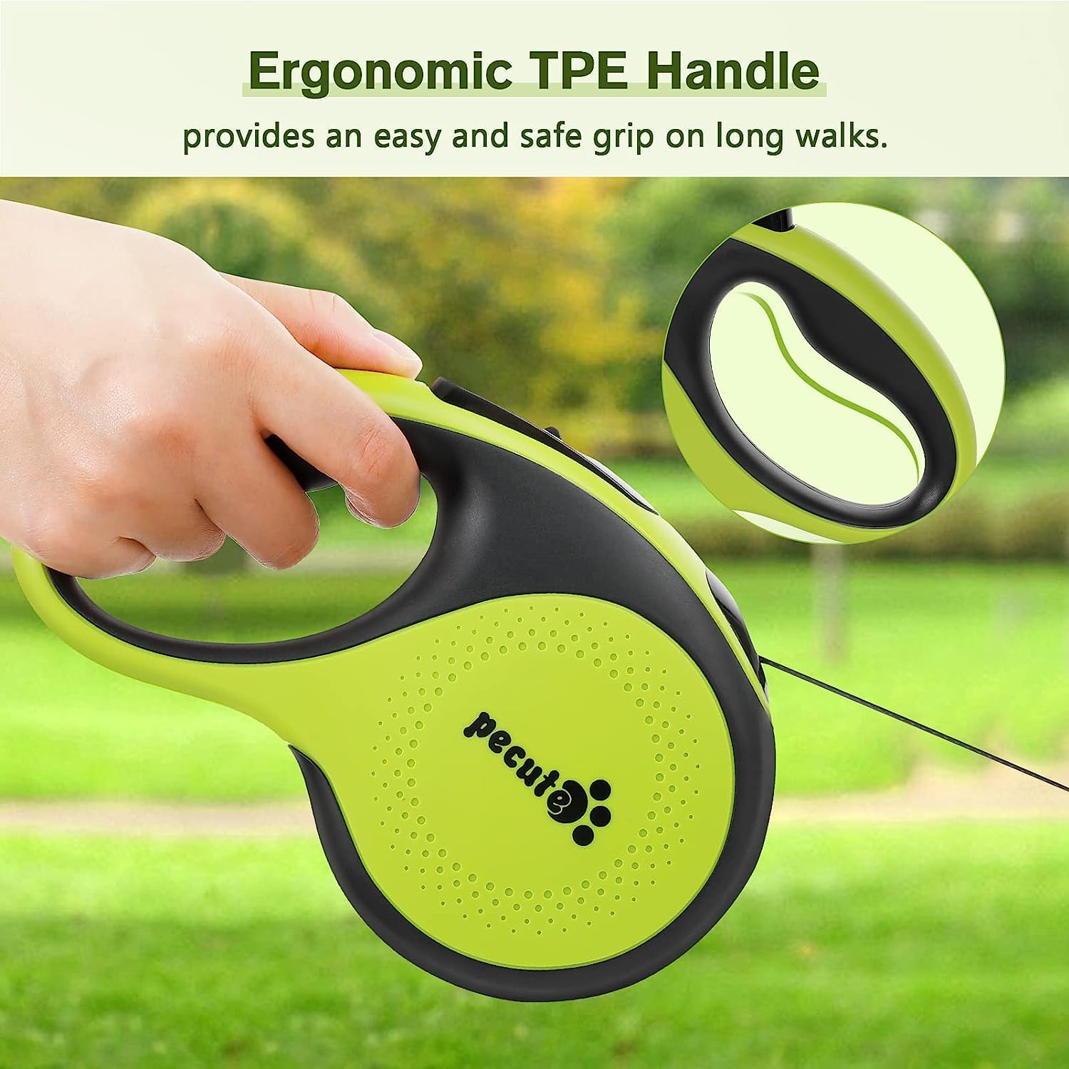 Pecute Retractable Dog Leash, 16 ft, 66lbs, Nylon, Green, Rechargeable Light, Tangle-Free, Model PRL-L5M02, Medium Size