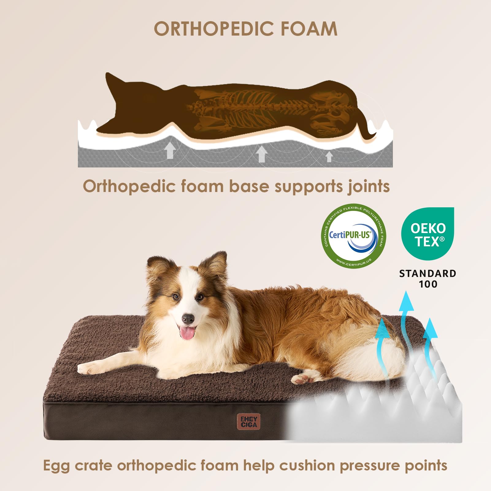 Eheyciga Orthopedic Foam Dog Bed For Large Dogs, 35'L X 23'W X 3.5'Th, Brown