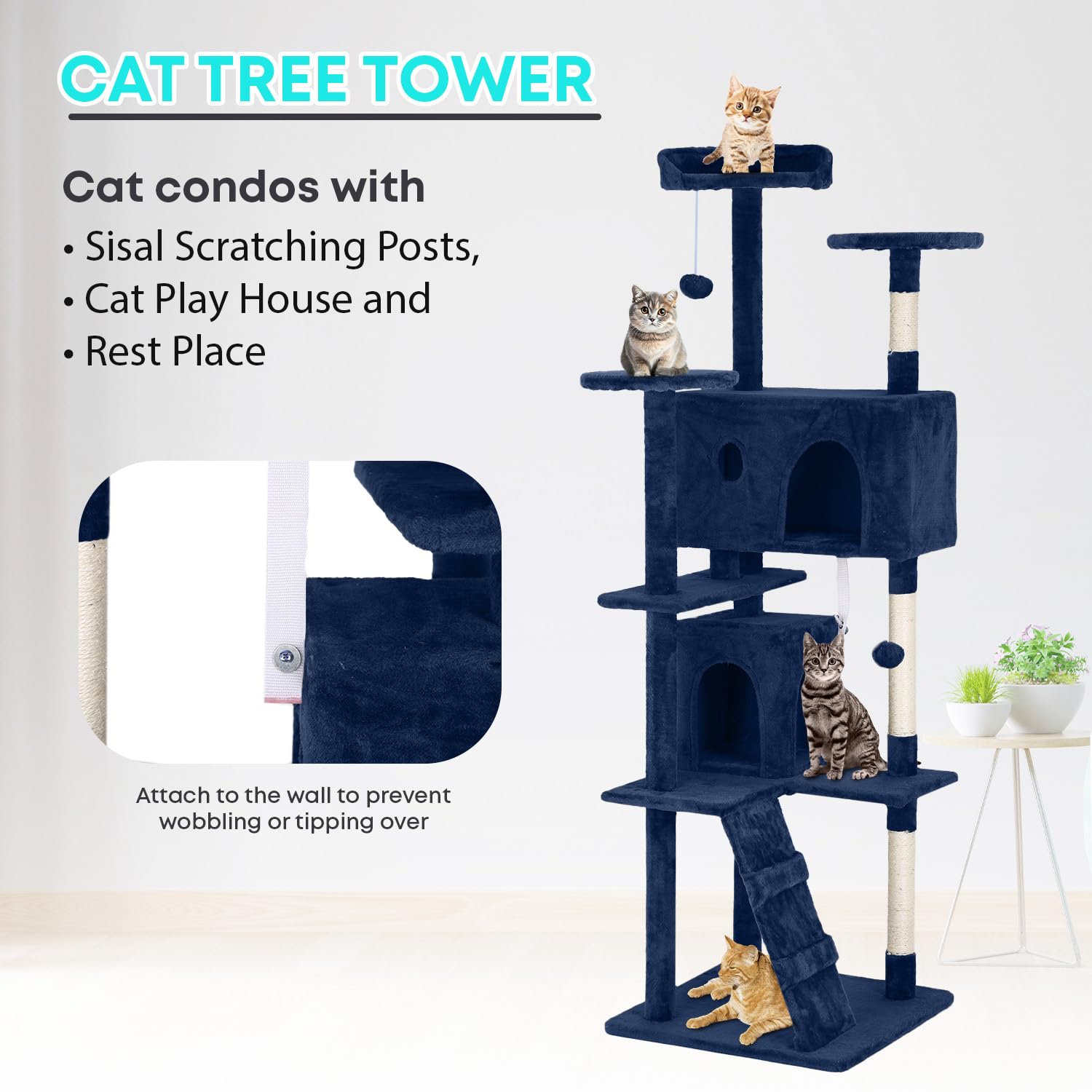 Fdw Cat Tree 70In Cat Tower Multi-Level Durable Cat Scratching Post & Cozy Fun Cat Jumping Platform Space Saving Cat Condo Pet Play House For Indoor Cats,Navy Blue