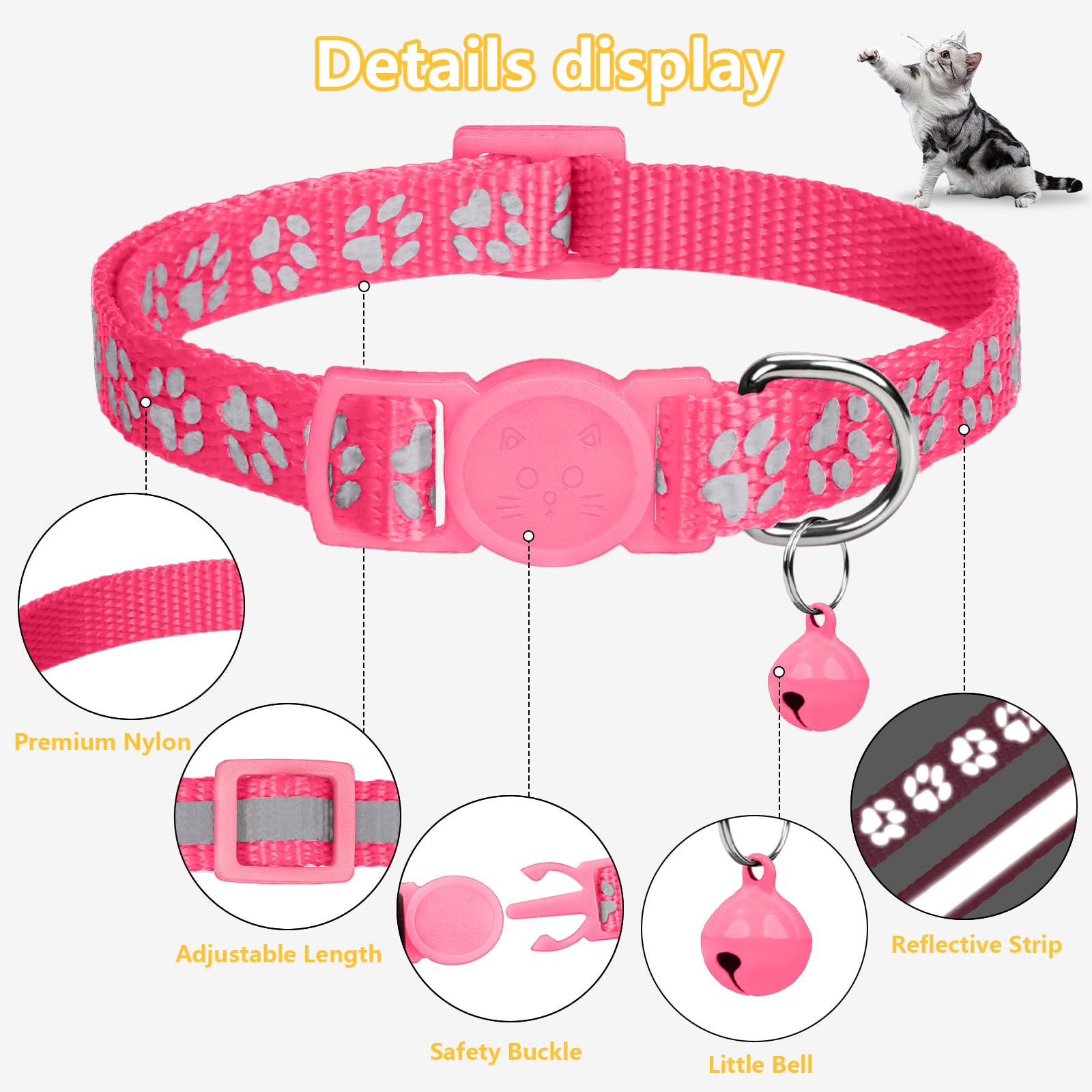 Taglory Reflective Cat Collars Breakaway With Bell, 2 Pack Girl Boy Pet Kitten Collar Adjustable 6-8 Inch, Pink