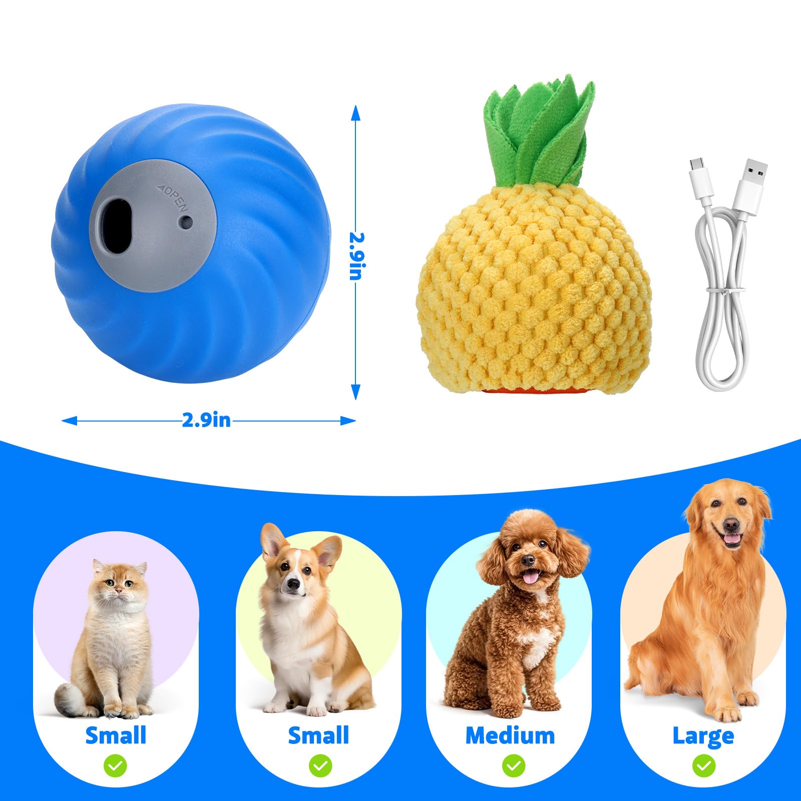 BABORUI Interactive Dog Puzzle Toy Ball, Adjustable Treat Dispenser, Enrichment Toy for Small Medium Large Dogs, Pineapple Color, Model H-557