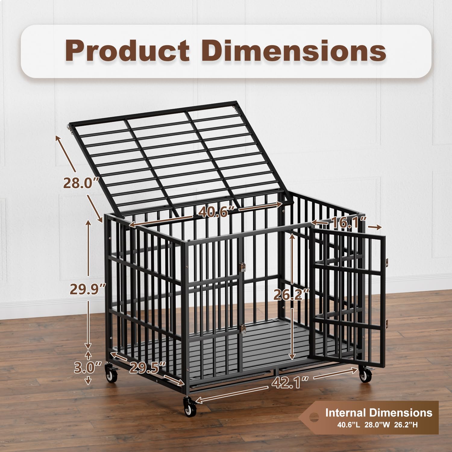Snuowu 42 Inch Heavy Duty Dog Crate With Wheels,Indestructible Escape-Proof Dog Cage For Large Dogs, Extra Large Xl Xxl Indestru