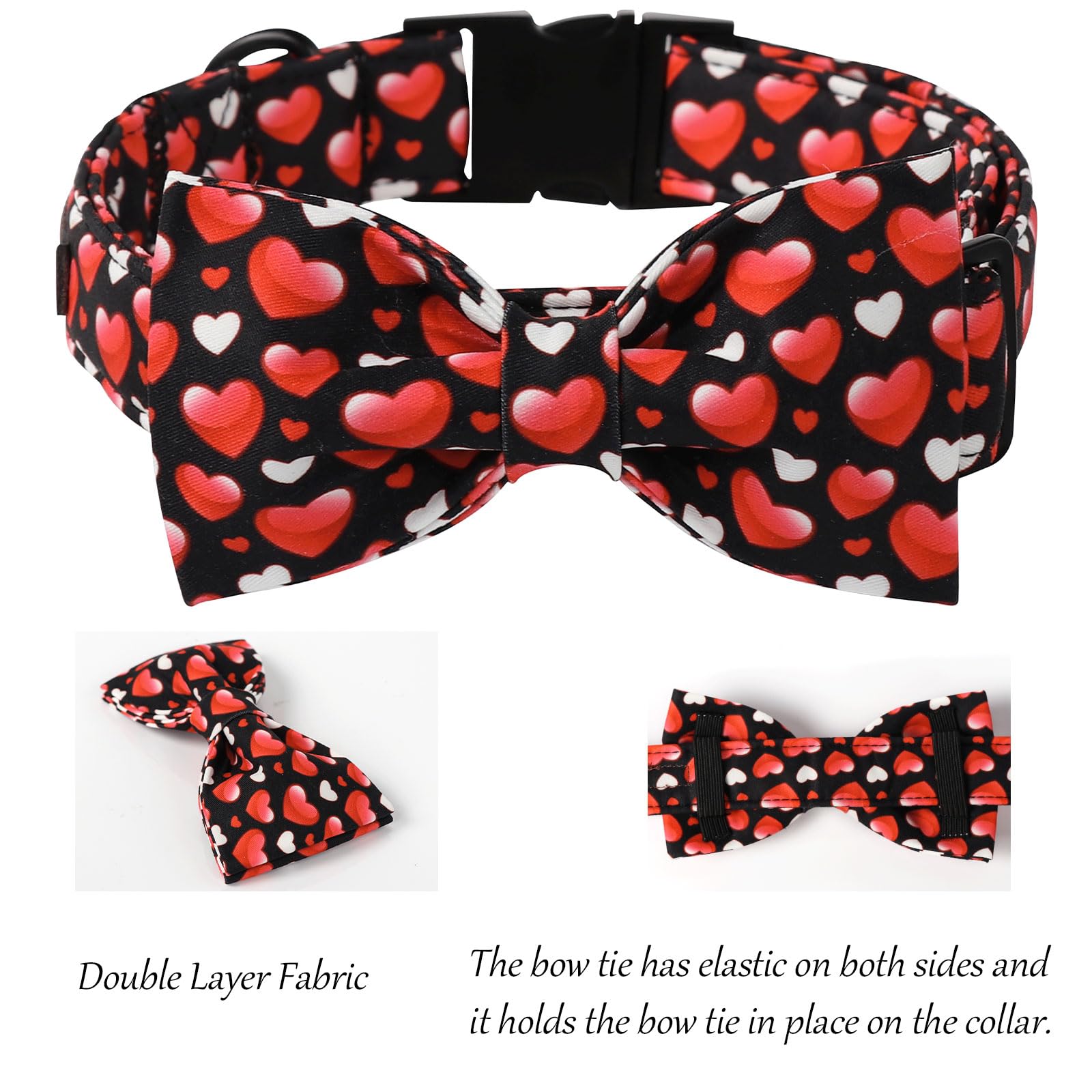 Lionet Paws Valentine'S White Dog Collar, Cute Heart Black Dog Collar For Large Dogs, Adjustable Cotton Love Pet Collars For Med