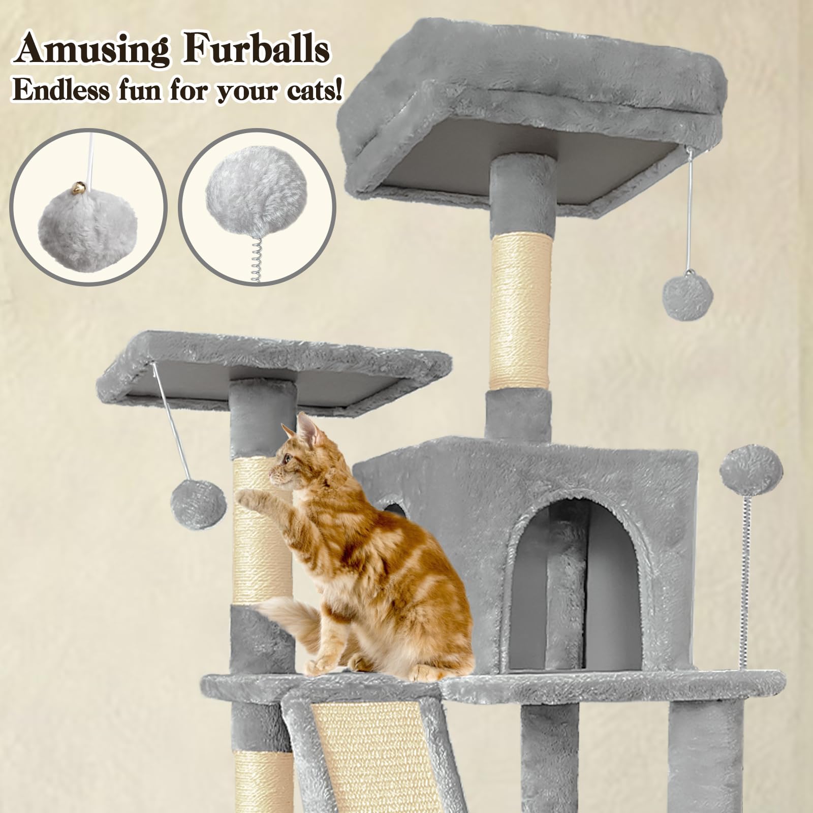 Pempet 70'' Cat Tree Tower For Indoor Cats, Multi-Level Cat Tower Condo With Sisal Scratching Post (Light Gray)