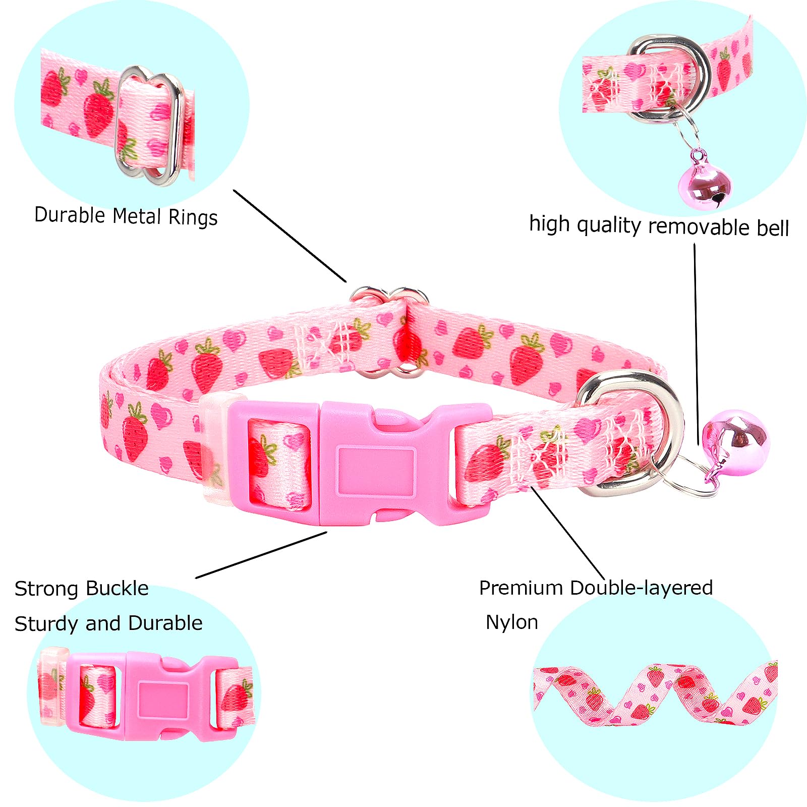 Cute Pink Small Dog Collar With Bell, Soft Adjustable Strawberry Puppy Collar Tiny Cat Collars With Bells For Xs Small Girl Fema