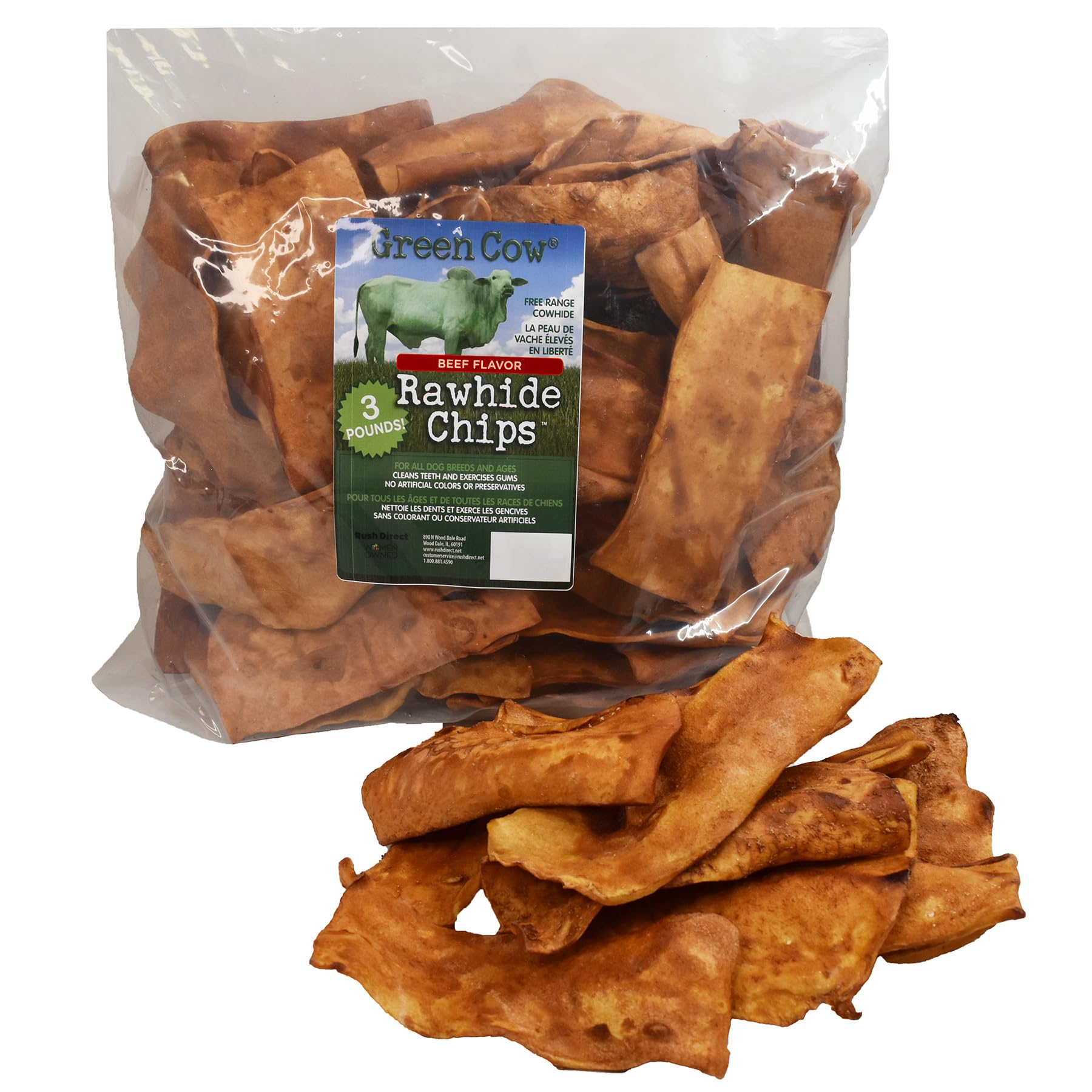 GreenCow Rawhide Chips Beef Flavor 3-Pound Bag - Premium Large Dog Rawhide Chews - Ideal for Agressive Chewers Dog Rawhide Treat