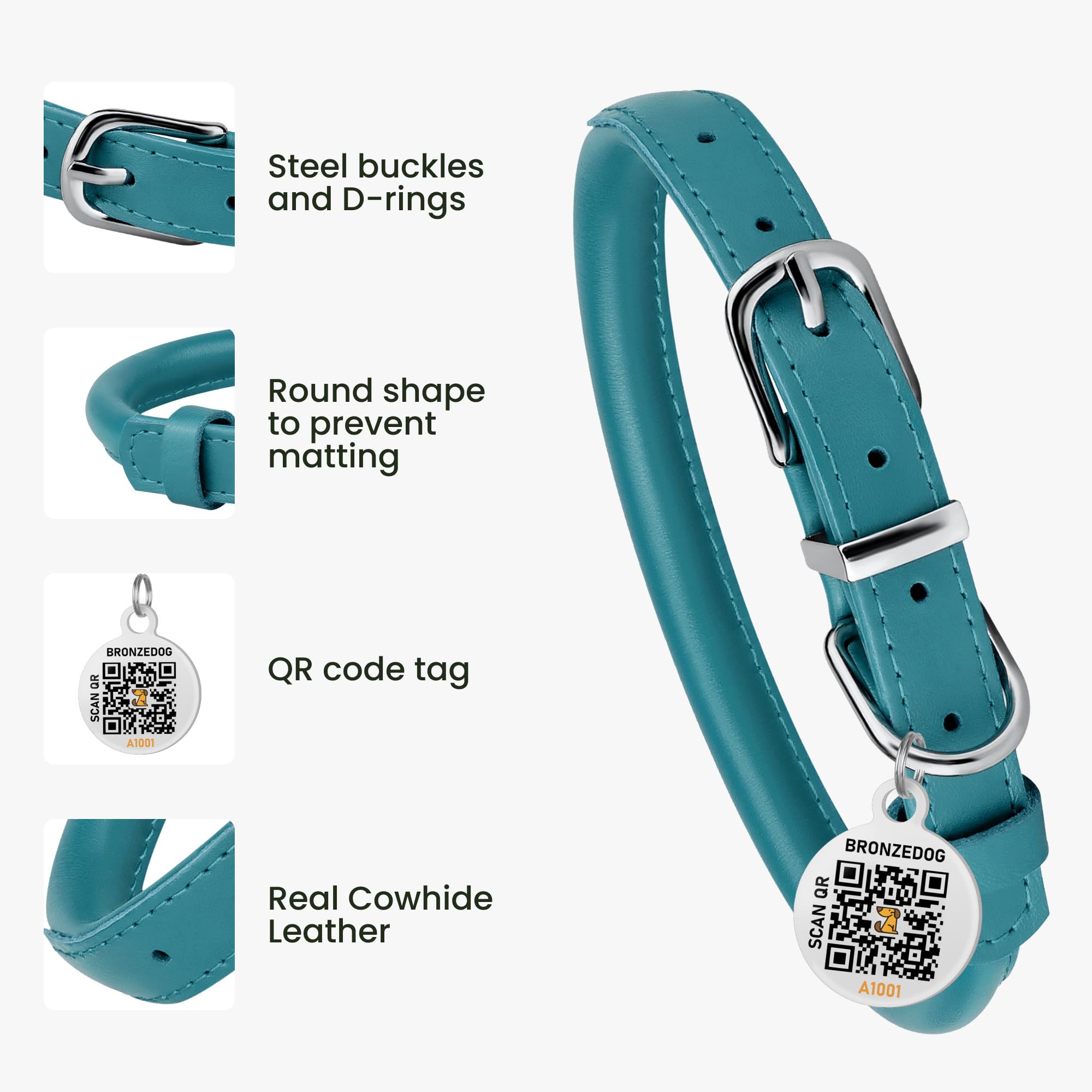 Bronzedog Rolled Leather Dog Collar For Small Medium Large Dogs With Qr Id Tag (Xs: 9-11 Inch, Teal)