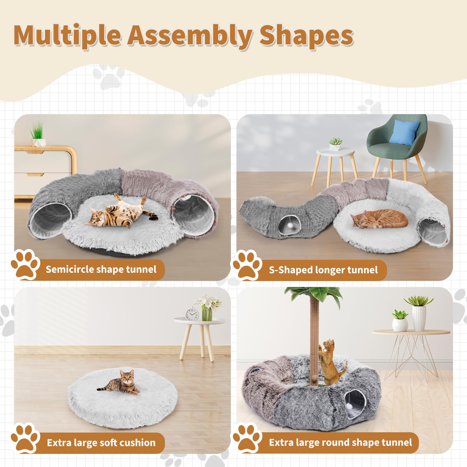 Odoland Large Cat Tunnel And Fluffy Bed - Indoor Detachable Cave With 20 Toys, Donut Tunnel And Variety Kitten Toy Set For Chewi