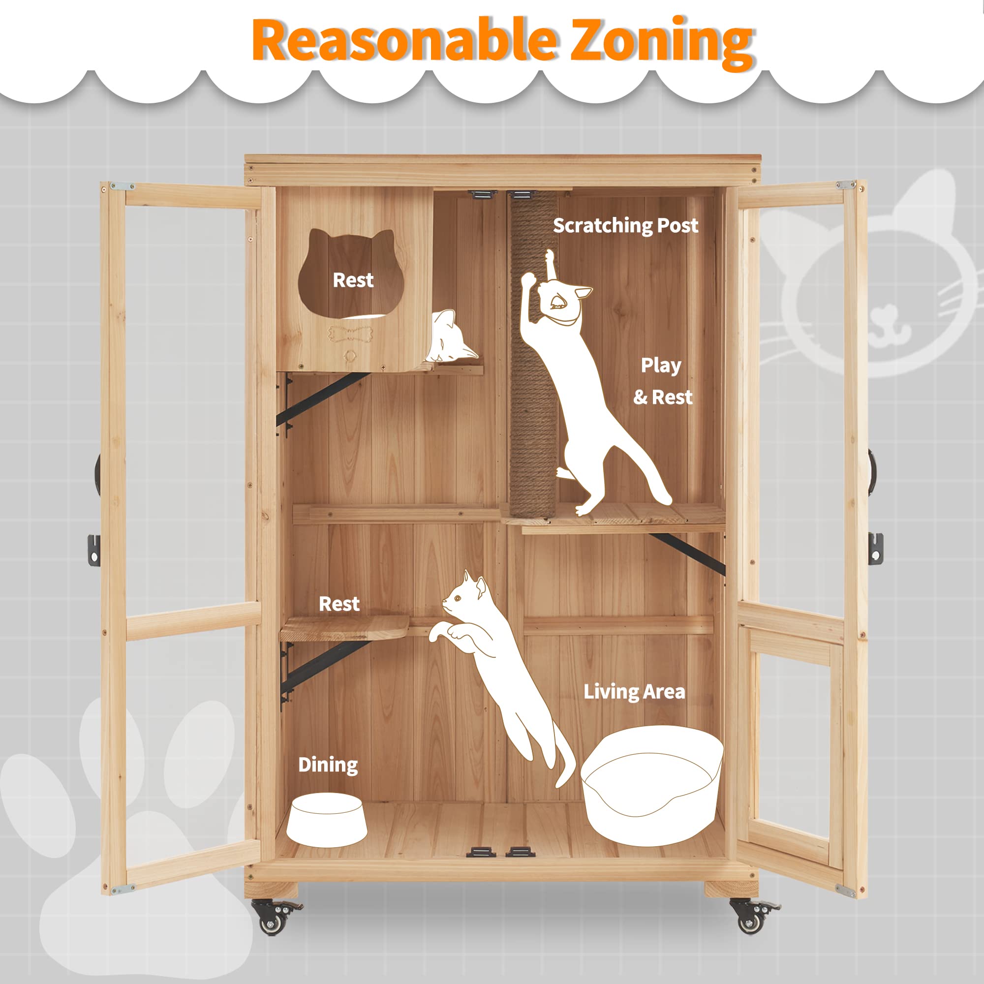 MCombo Luxury Cat House with Scratching Post, Wooden Multi Feature Large Cat Condo with Escape Door and Wheels, Kitten Cages wit