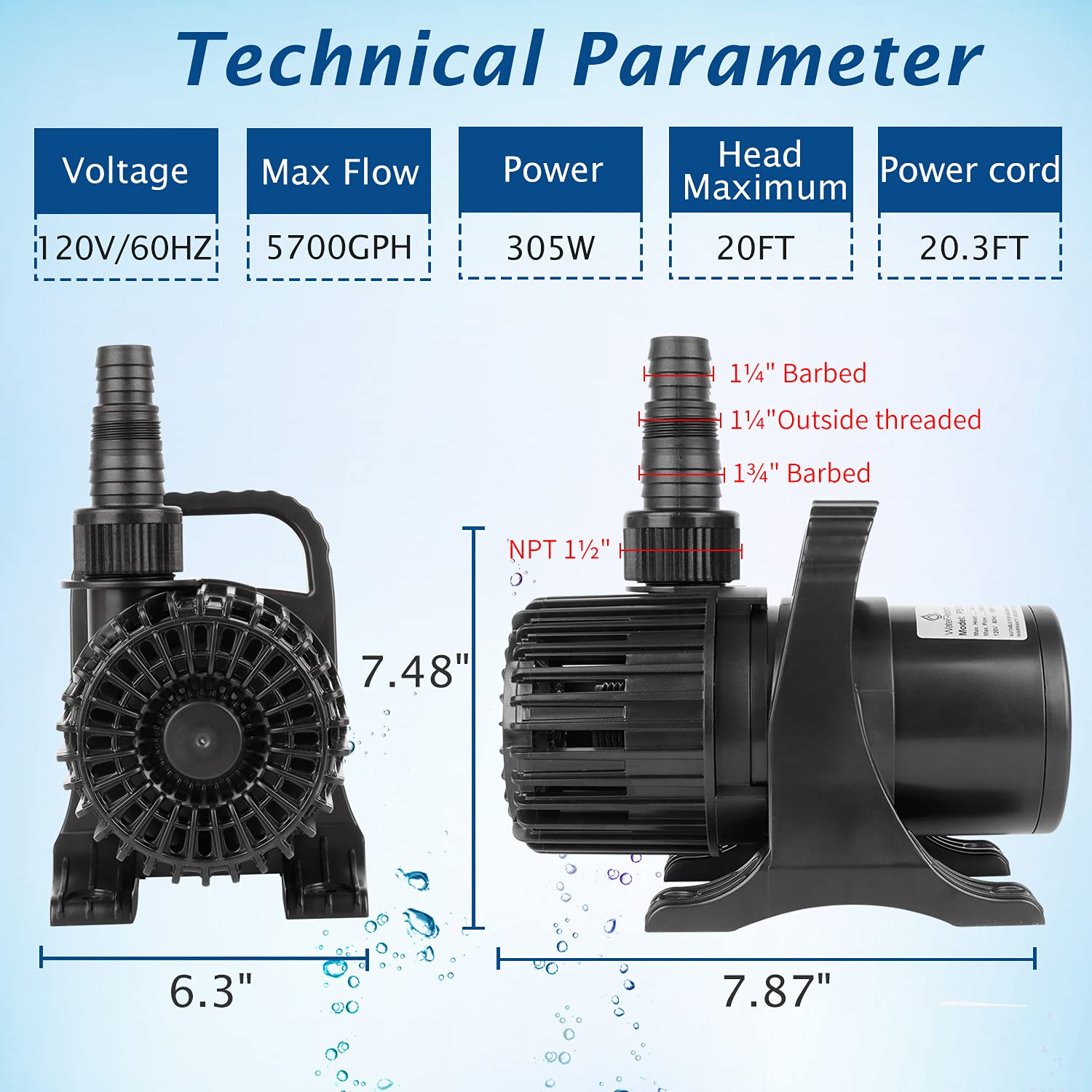 Waterrebirth (5700Gph-305W, Ul Listed) High Flow Large Fountain Submersible Water Pond Sump Pump Aquarium Electric Waterfall Pum