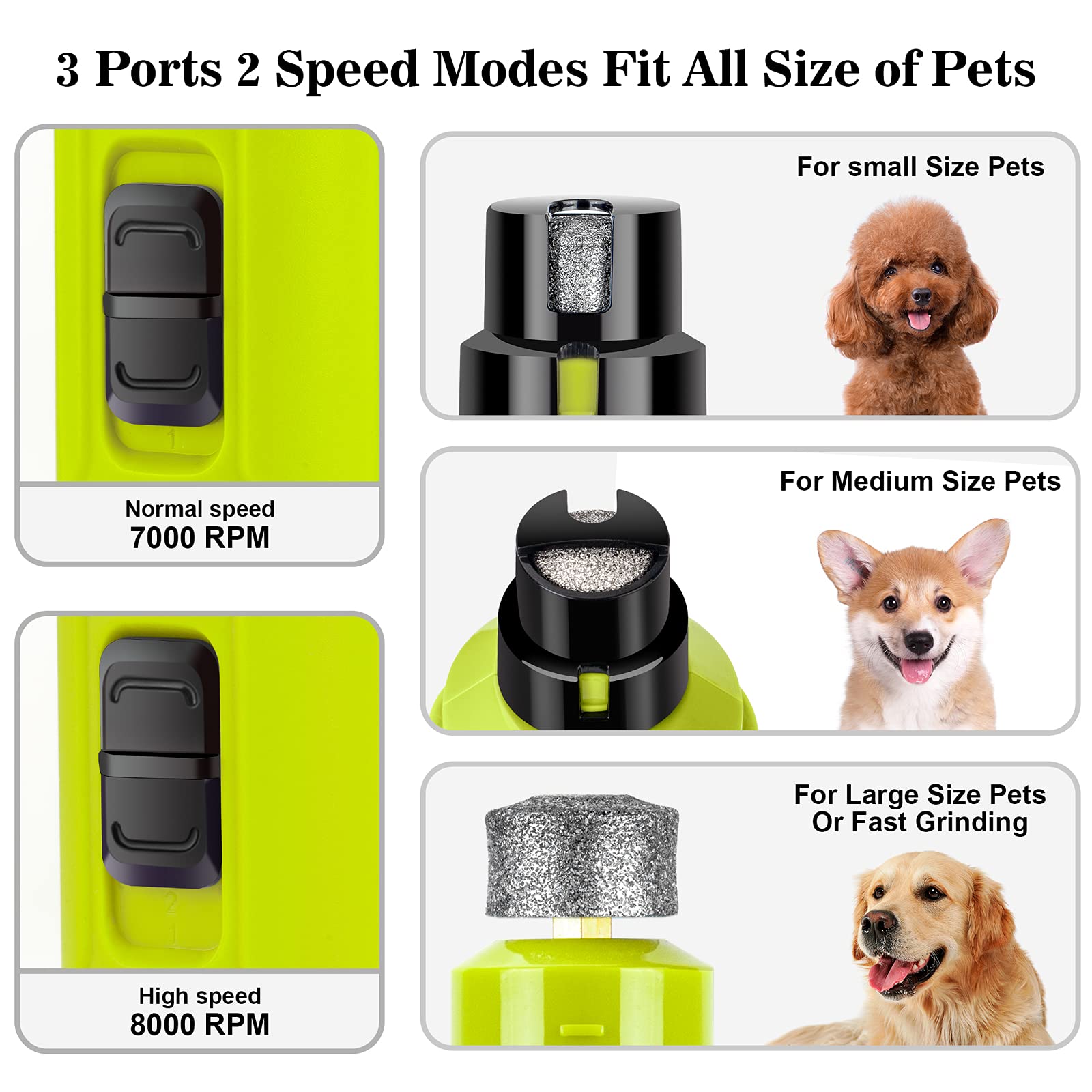 Bousnic Dog Nail Grinder With 2 Led Light - Super Quiet Pet Nail Grinder Powerful 2-Speed Electric Dog Nail Trimmer File Toenail Grinder For Puppy Small Medium Large Breed Dogs & Cats (Green)