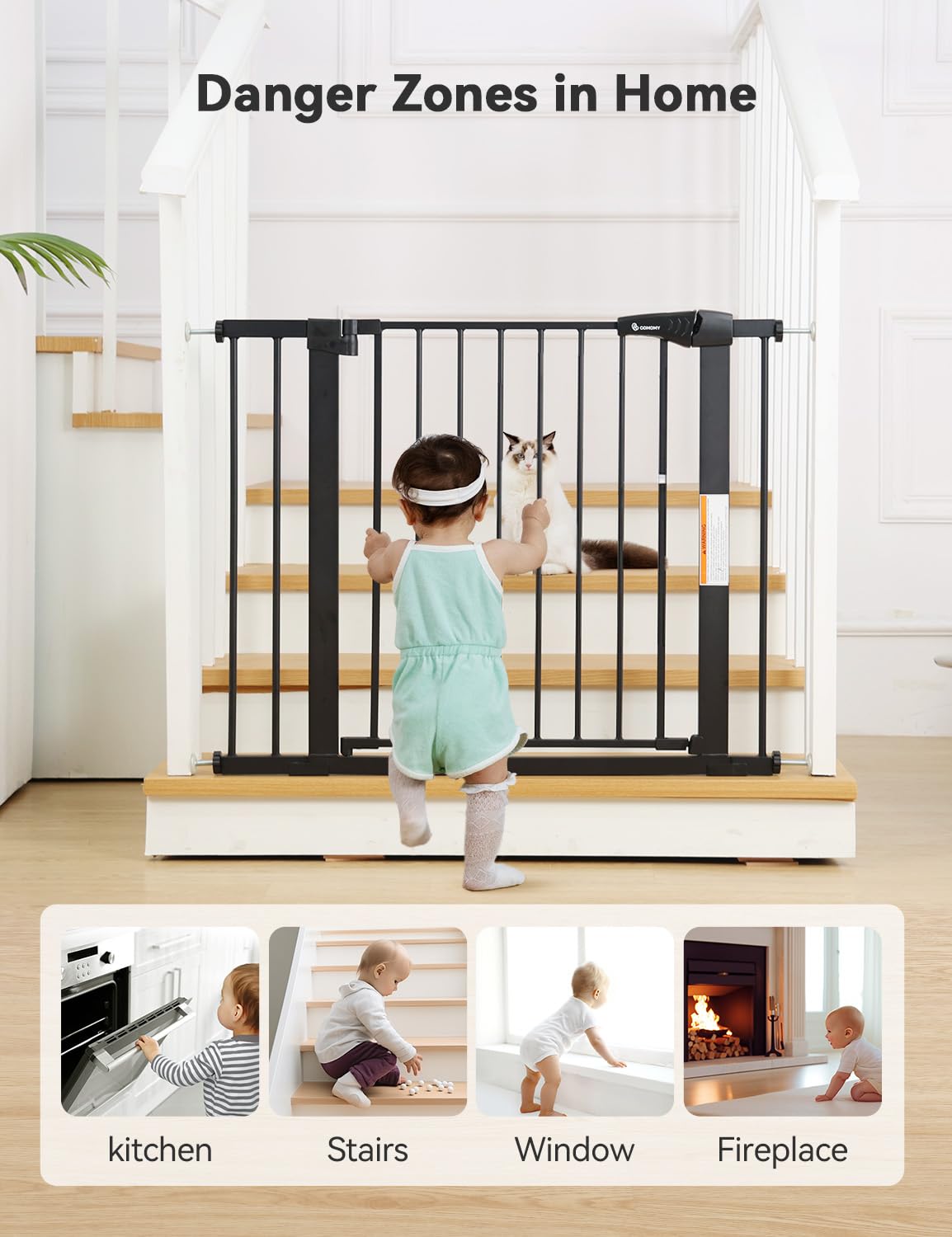 Comomy 30' Tall Baby Gate For Stairs Doorways, Fits Openings 29.5' To 43.3' Wide, Auto Close Extra Wide Dog Gate For House, Pressure Mounted Easy Walk Through Pet Gate With Door, Black