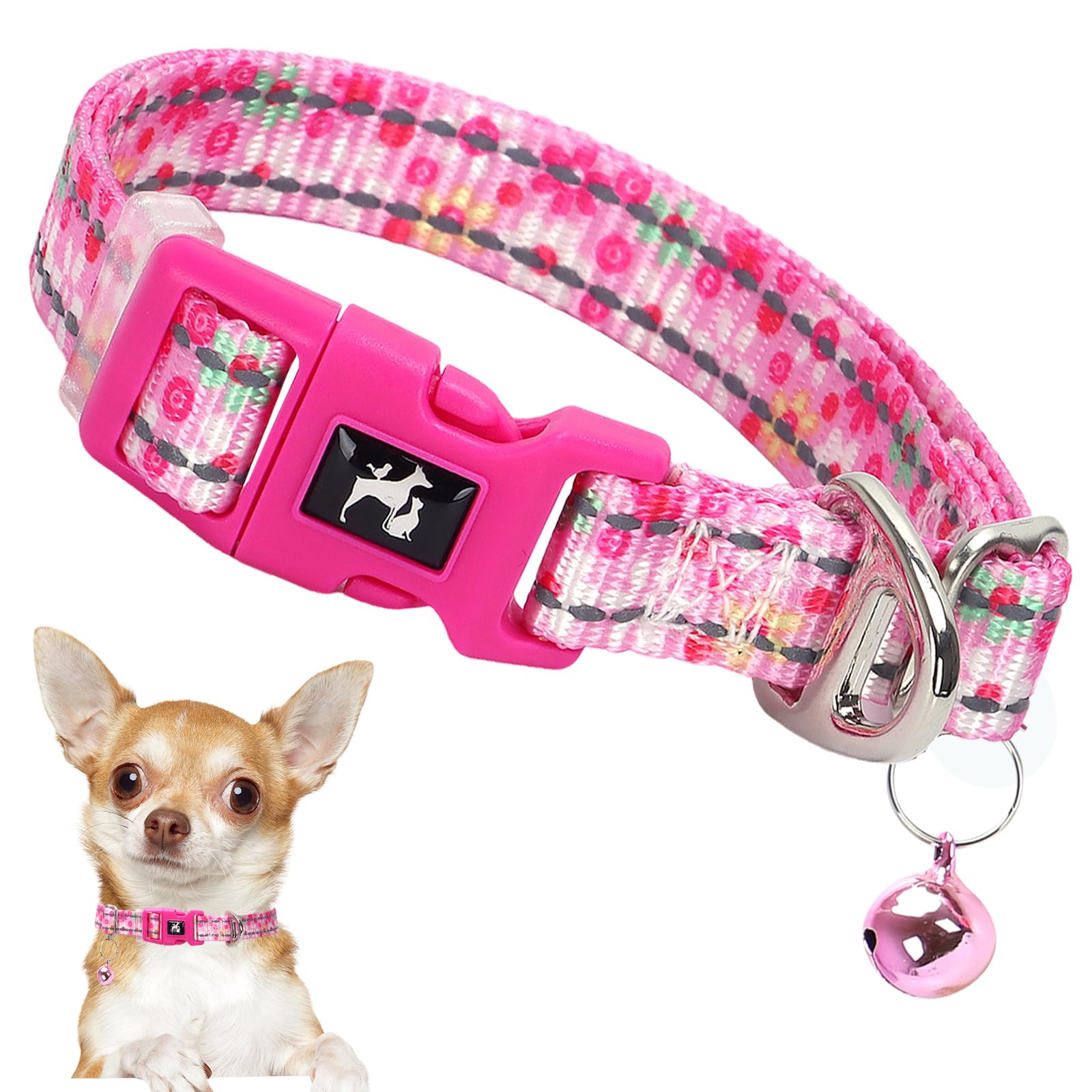 Pink Puppy Collar With Bell - Reflective Adjustable Nylon Kitten-Safe Collar For Small Dogs & Cats, Soft Flower Pattern Design F