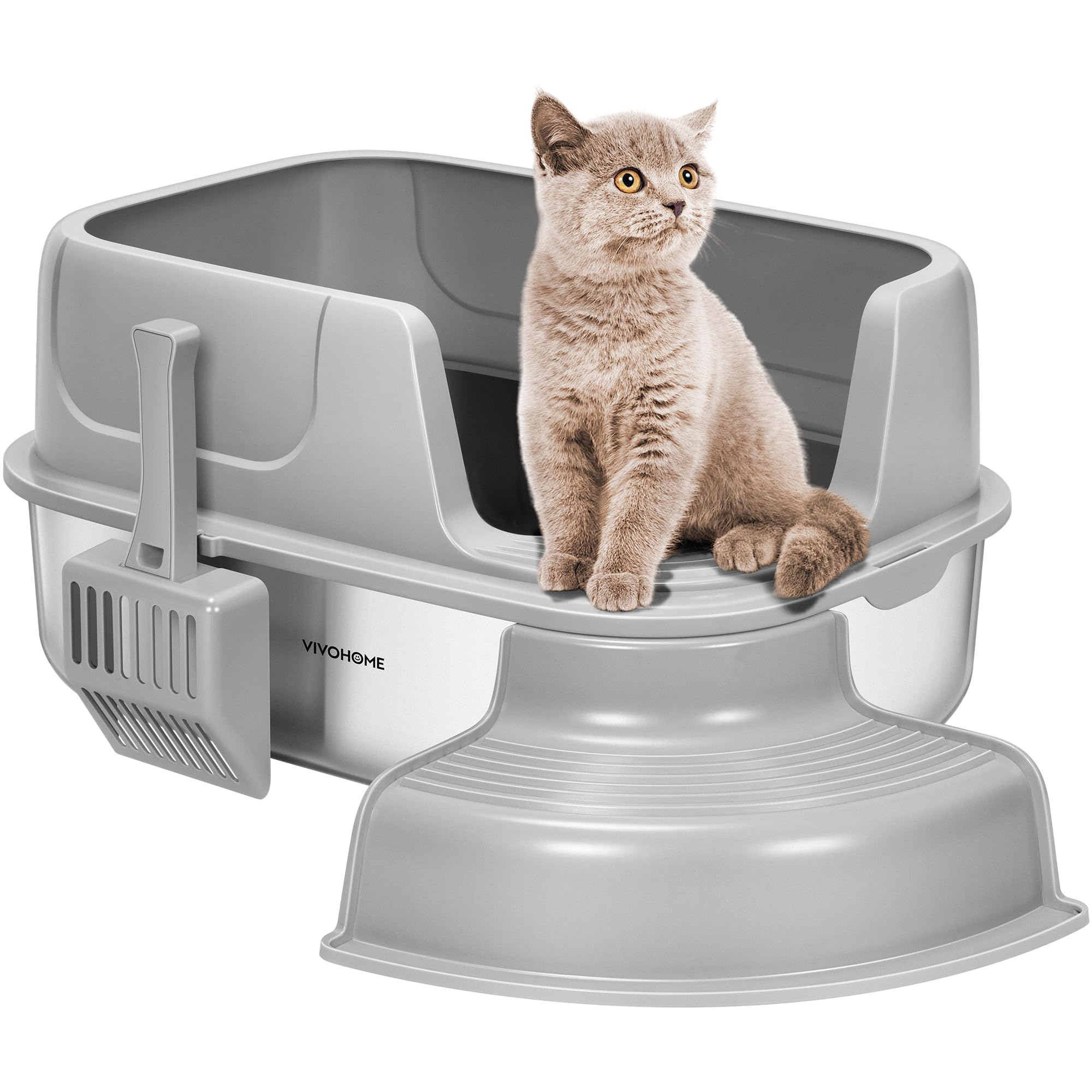 Vivohome Xl Stainless Steel Cat Litter Box With Cover And Steps, 23'' X 17'' X 12'' Large Metal Litter Box For Cats With Scoop, 