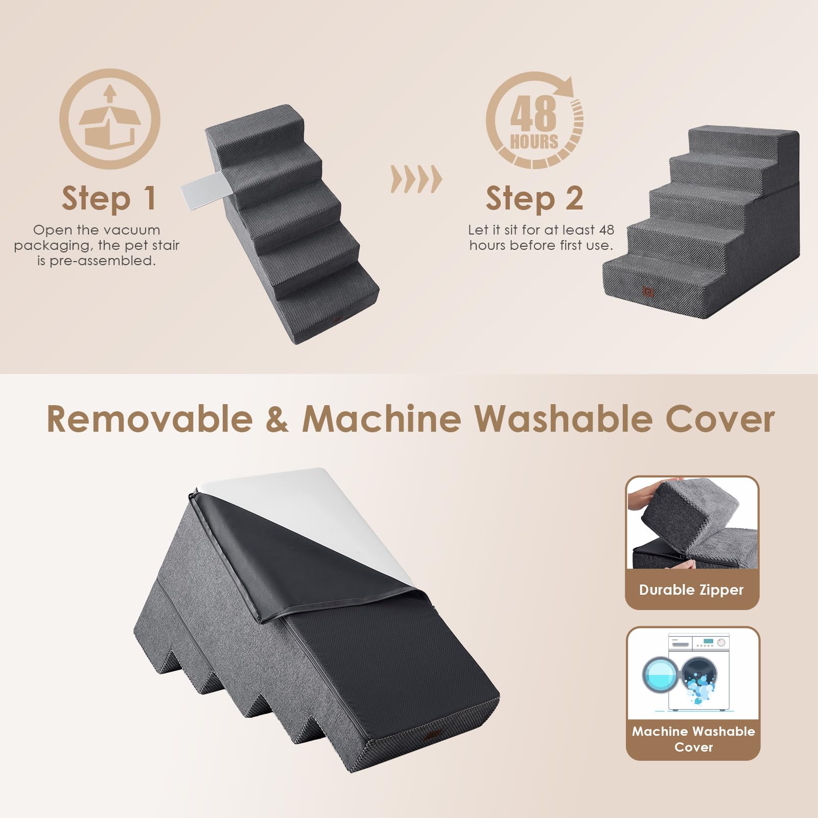 Eheyciga Dog Stairs For High Bed 25”H, 5-Step Extra Wide Dog Steps For Bed, Pet Steps For Small Dogs And Cats, Non-Slip Balanced Dog Indoor Ramp, Grey