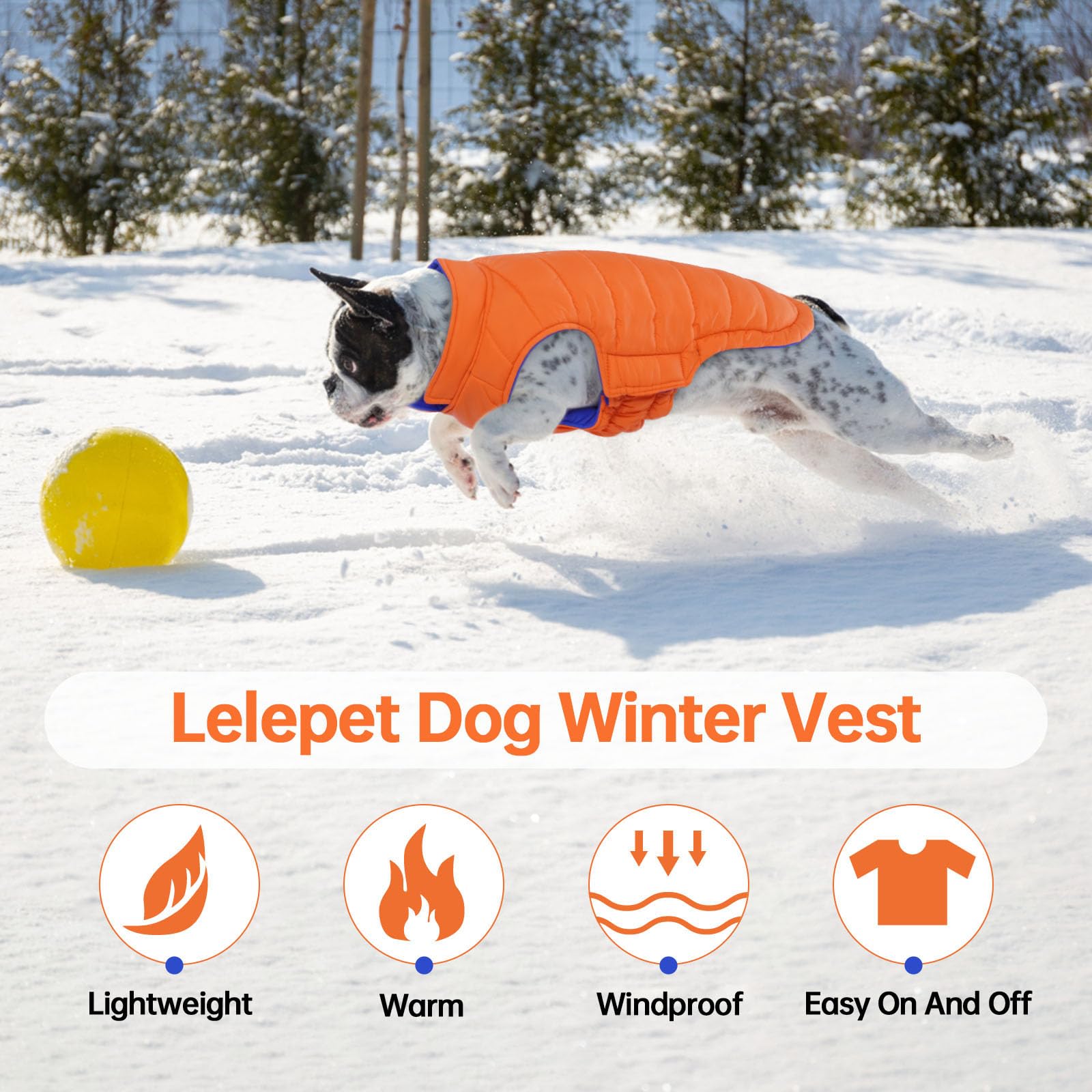 LeLePet Reversible Dog Puffer Jacket, Lightweight Windproof Vest, S, Orange, for Small Medium Large Dogs
