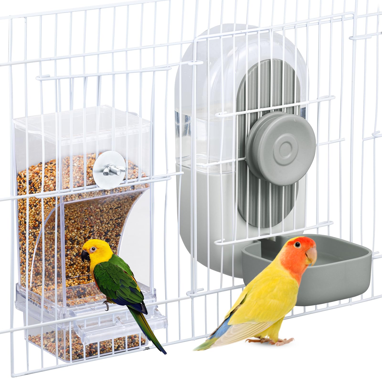 Lemtrflo No Mess Bird Feeder & Water Dispenser Set - Automatic Feeding & Hydration, Parakeet Cage Accessories for Parrots, Cocka