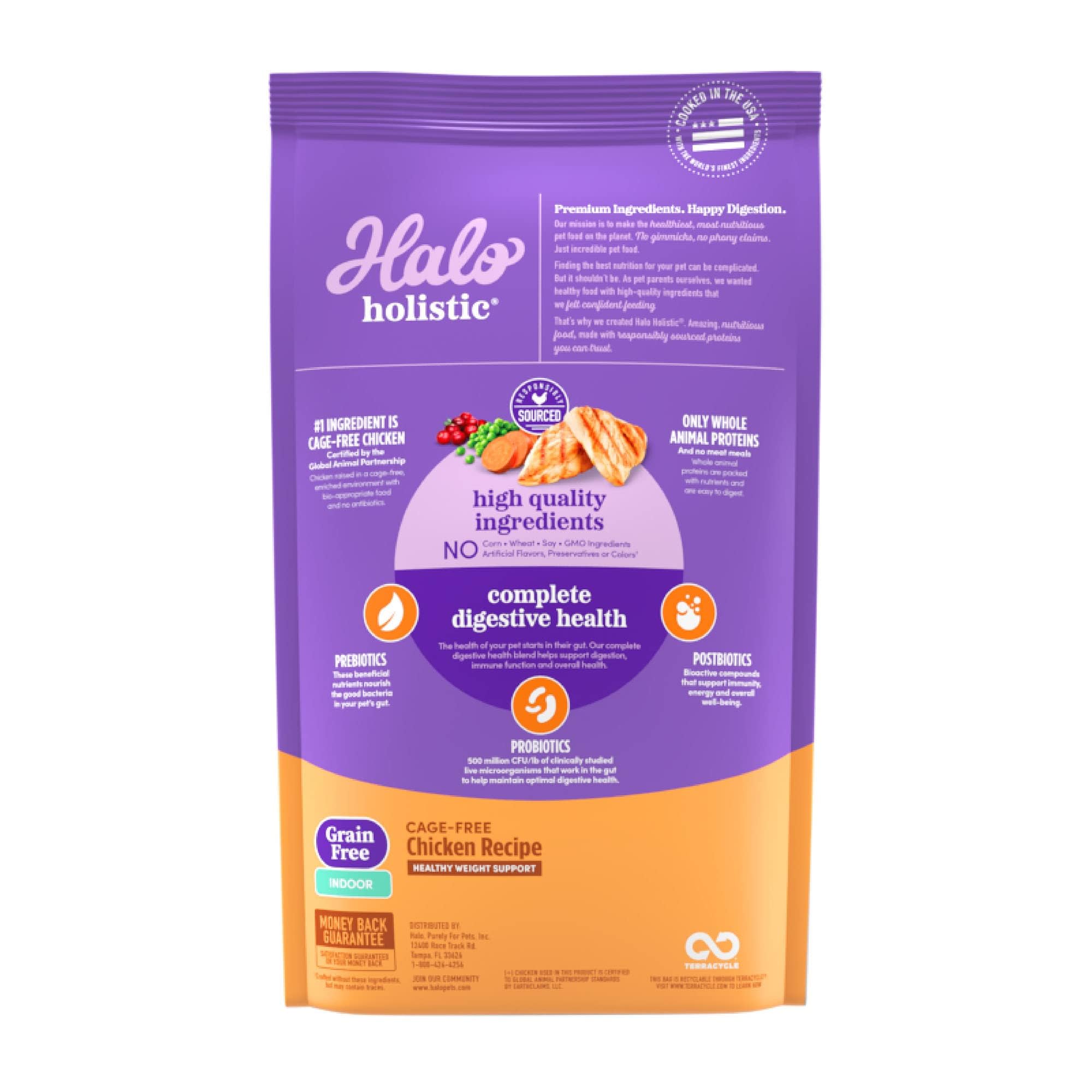 Halo Holistic Indoor Cat Food Dry, Grain Free Cage-free Chicken Recipe for healthy weight support, Complete Digestive Health, Dr