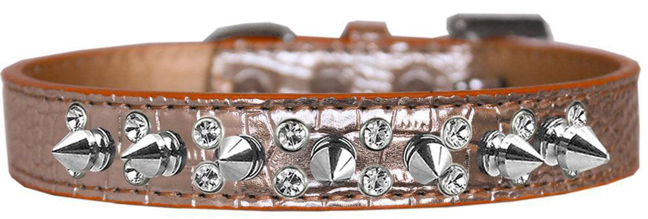 Dog, Puppy and Pet Designer Croc Collar, "Double Crystal & Silver Spikes" Light Pink 12