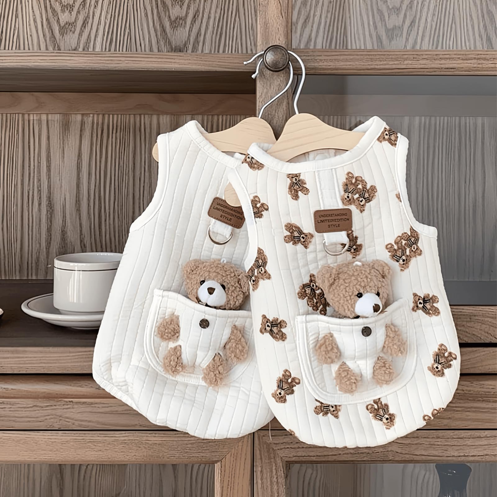 Cute Pet Apparel Plush Bear Pattern Cartoon Dog Clothes All Season Sleeveless Puppy Kitten Pullover Soft Skin-Friendly (White1,