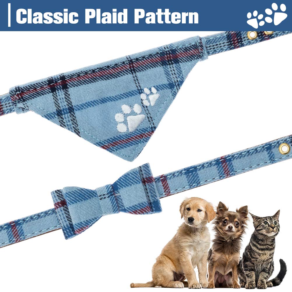Expawlorer Puppy Collar And Leash Set - Embroidery Pawprints Plaid Dog Collar And Dog Leash Set, Bow Tie And Bandana Dog Collar With Bell, Cute Collar And Leash For Dogs Cats Outdoor Walking, Blue Xs