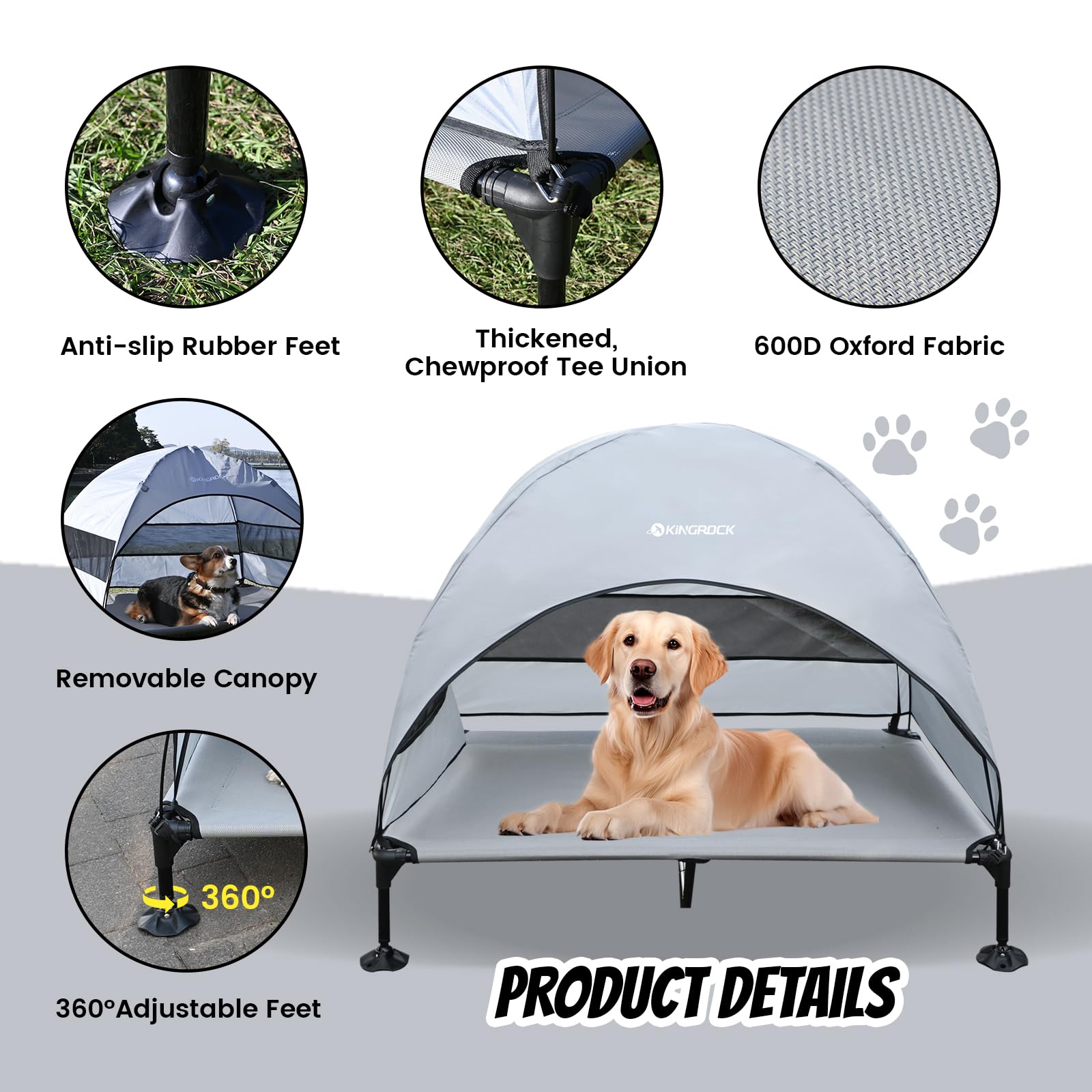 Kingrock Elevated Dog Bed Outdoor With Canopy, Portable Raised Dog Bed With Stable Anti-Slip Feet, Raised Pet Beds, Wider Shade