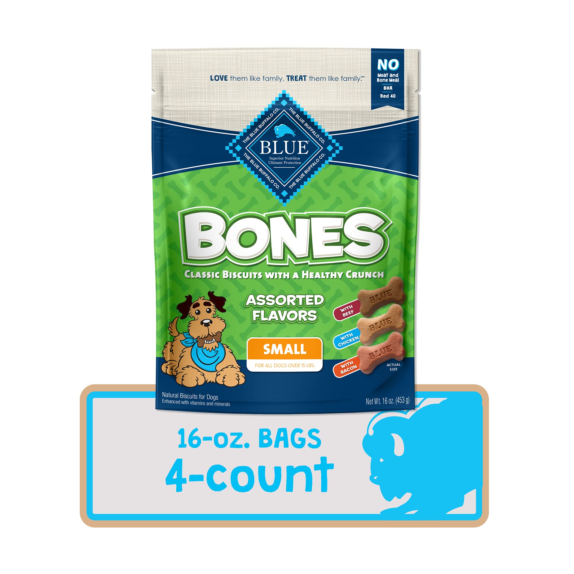 Blue Buffalo Bones Small Natural Dog Treats, Crunchy Dog Biscuits, Assorted Flavors - Beef, Chicken, Bacon Flavors, 16-oz. Bag (