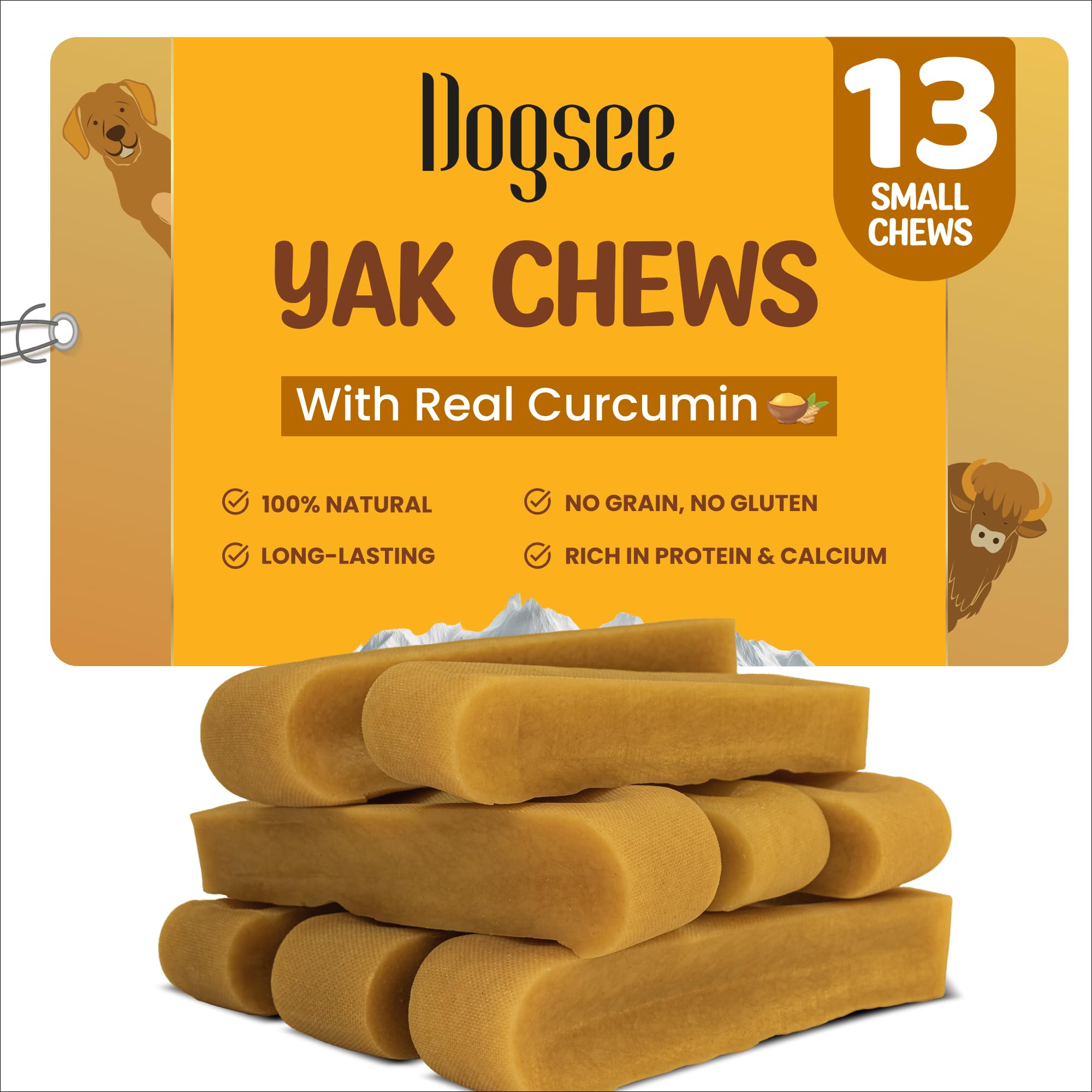 Dogsee Himalayan Yak Cheese with Turmeric 1lb (Small - 13 Pieces) | Rawhide-Free Treats for Small Dogs | Supports Joint Health |