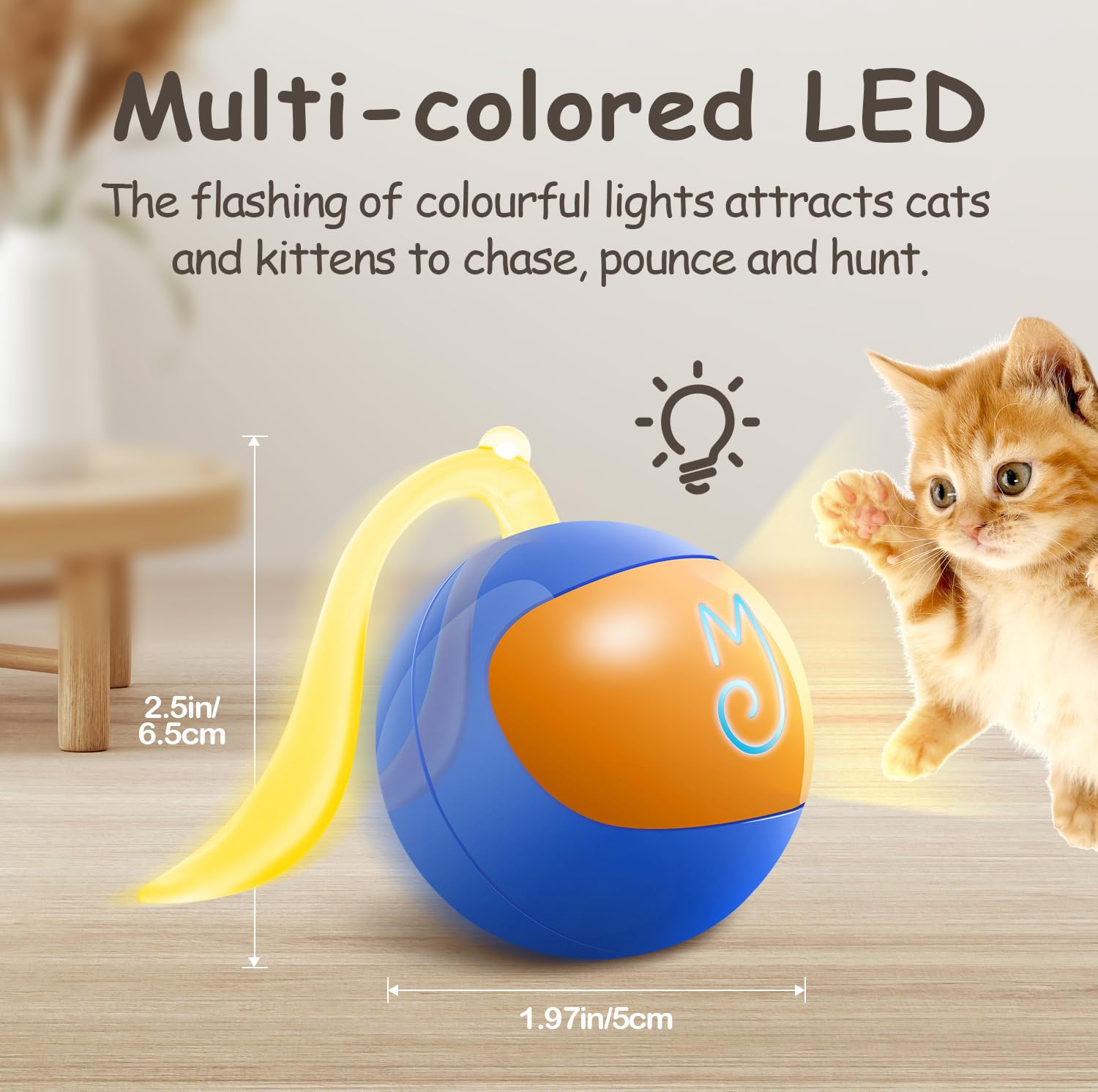 Migipaws 2-in-1 Interactive Cat Toy Ball - Blue, USB Rechargeable, Paw Friendly with Fluffy Tail for Indoor Cats