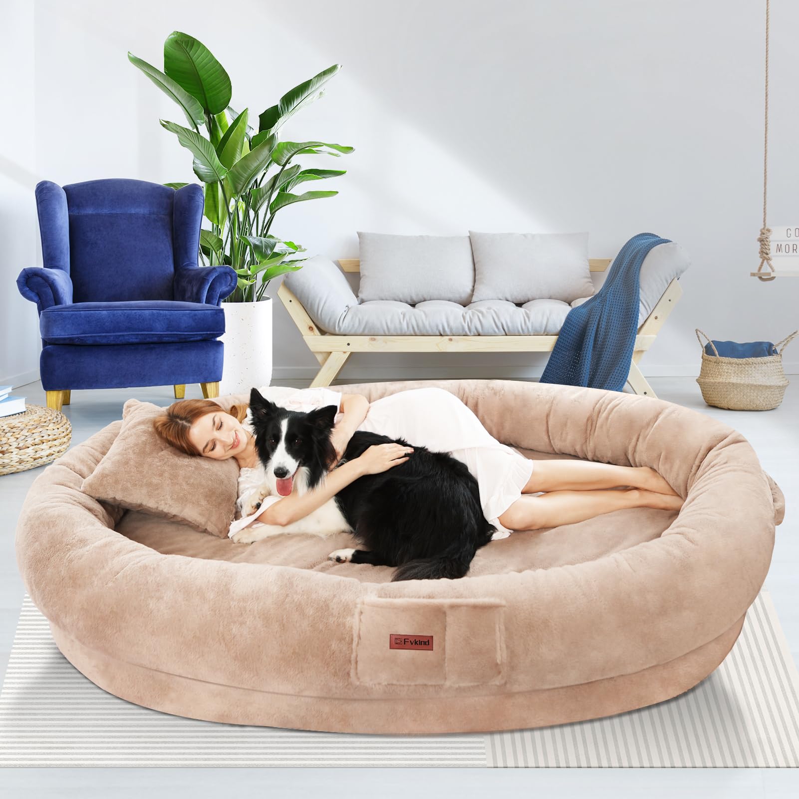 Fvkind Human Dog Bed For Adults, 73''X56''X12'' Washable Orthopedic Size, Faux Fur Removable, Cozy Large Present With Blanket An