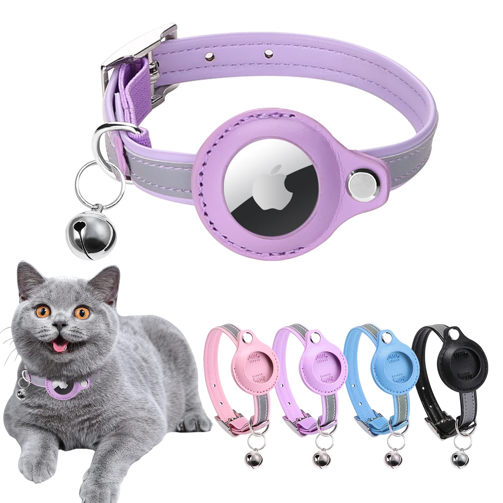 Airtag Cat Collar, Cat Collar With Bells, Reflective Gps Cat Collar, Cat Tracker Collar Leather Cat Collar For Cats (Blue-M (Purple, Xs(7.5-10.2'))