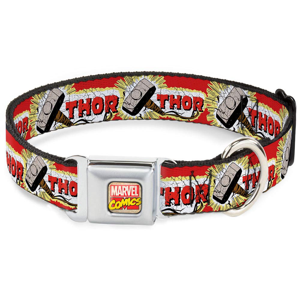 Buckle-Down Dog Collar Seatbelt Buckle Thor Hammer Red Yellow White 18 To 32 Inches 1.5 Inch Wide, Multi Color (Dc-Wth005-Wl)