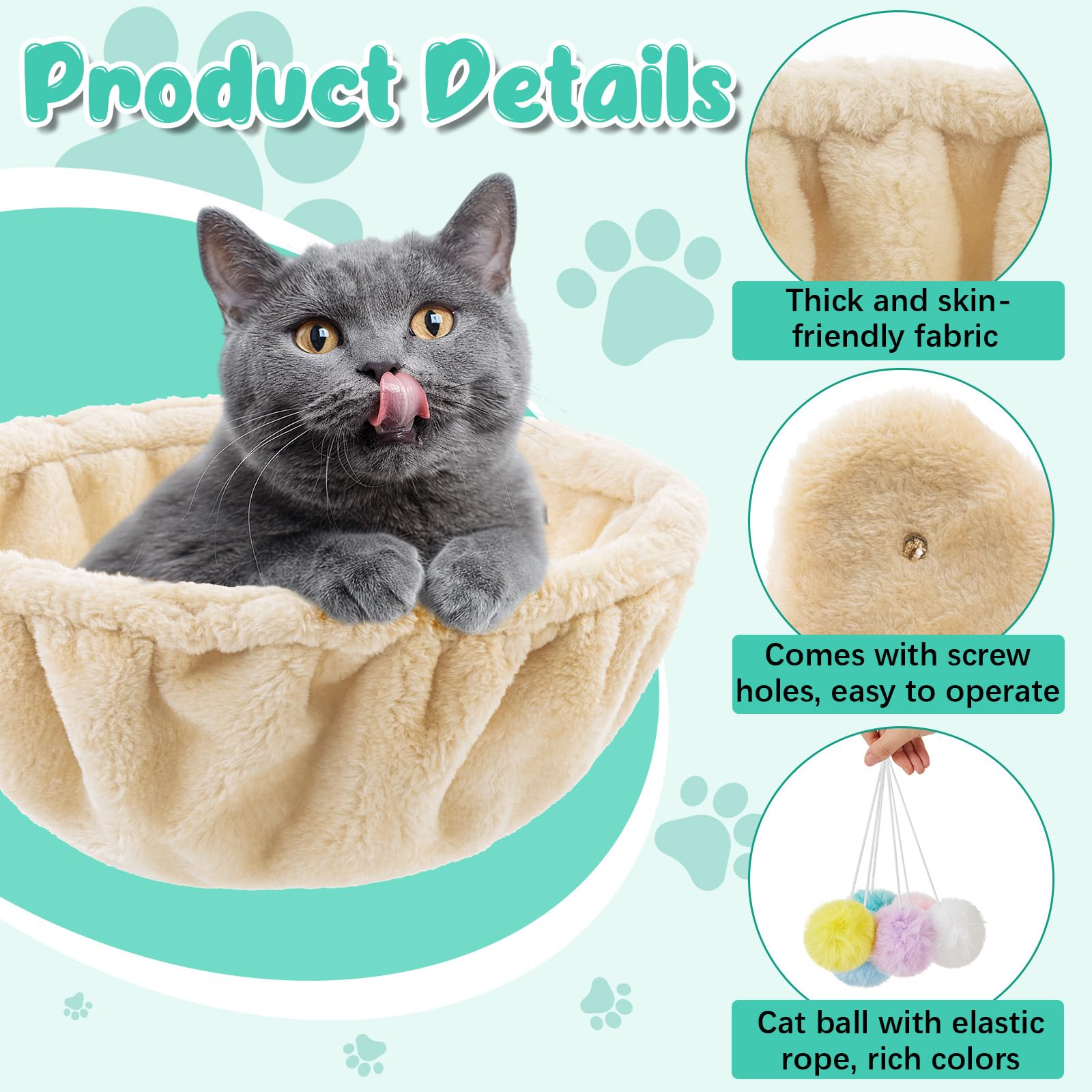 Dansydaisy Cat Tree Hammock Bed Replacement Parts, 14.6" Beige, Metal with Pom Pom Toys & Elastic Strings, Model ZHU-Dansydaisy-1088