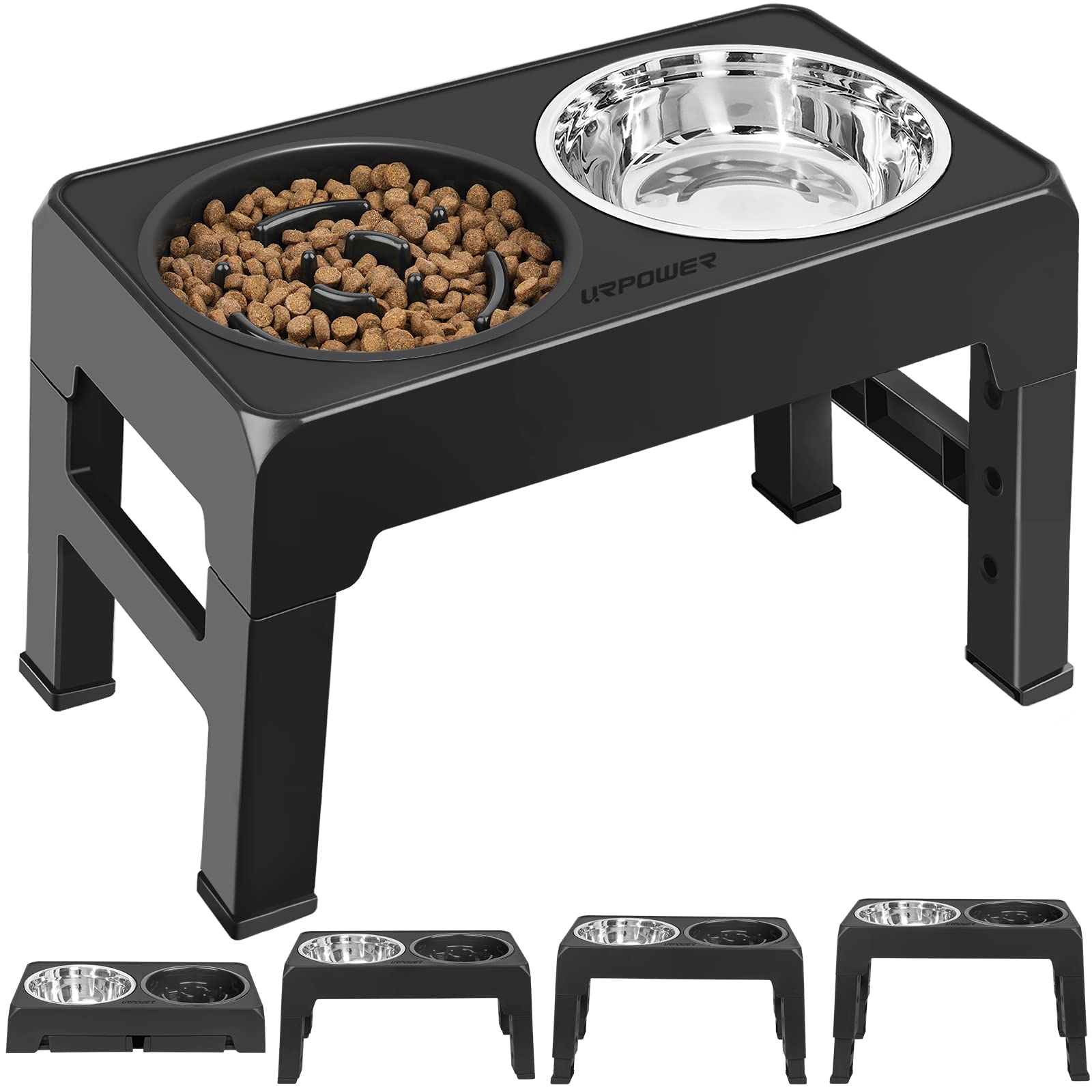 URPOWER Raised Slow Feeder Dog Bowls 4 Height Adjustable Elevated Bowl Stand with Stainless Steel Water Bowl and Slow Feeder Non