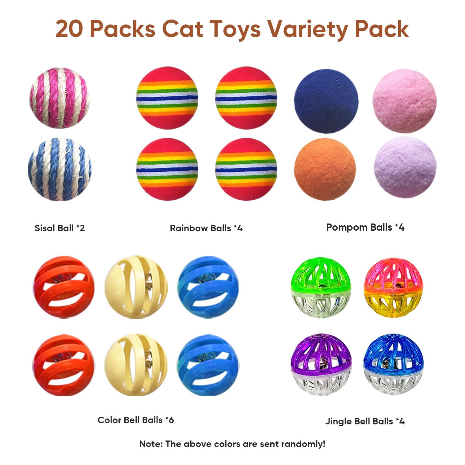 YULOYI Cat Toys for Indoor Cats, Cat Toys Balls, 20 Packs Interactive Cat Toy Set with Colorful Bell, Jingle Bell, Rainbow, Pomp