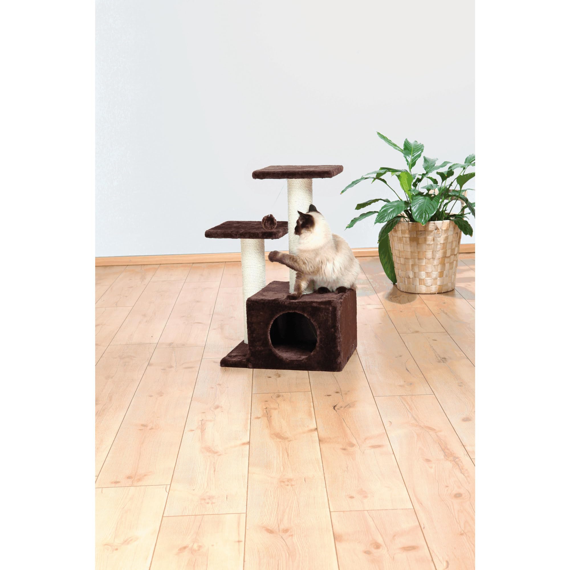 Trixie Valencia Scratching Post With Condo, Two Platforms, Dangling Cat Toy, Brown