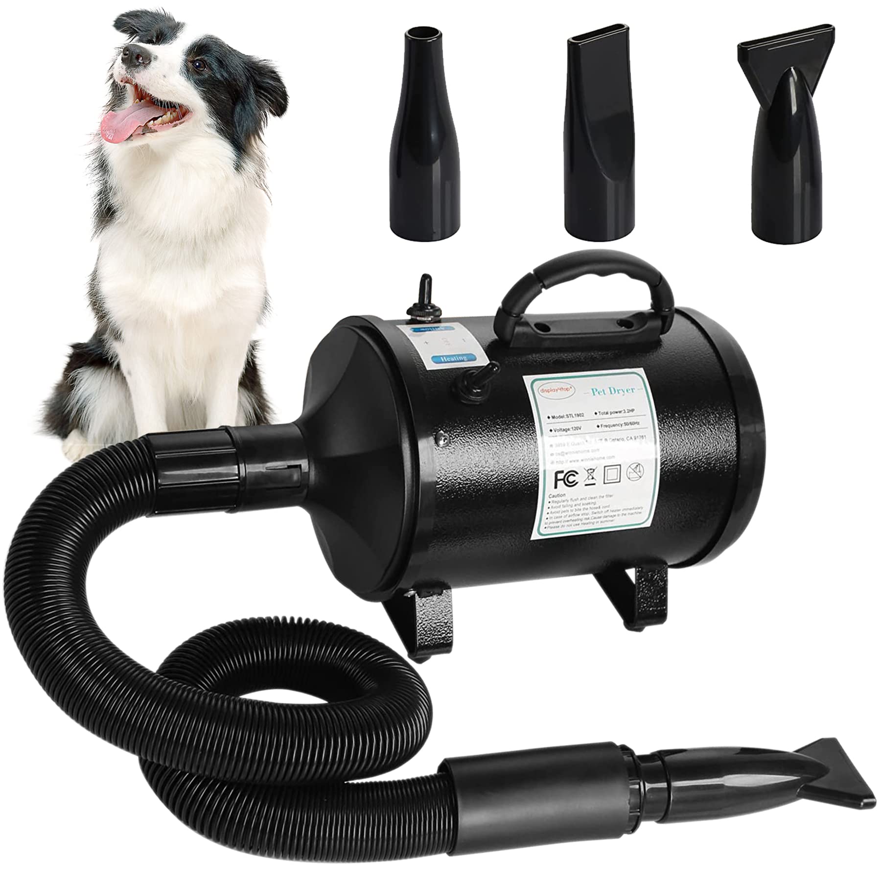 Display4Top Dog Dryer,2400W Dog Blow Dryer,3.2Hp Speed Adjustable Heat Temperature Dog Hair Dryer,High Velocity 3 Different Nozzles Dog Blower Grooming Dryer,Adjustable Temperature Pet Dryer