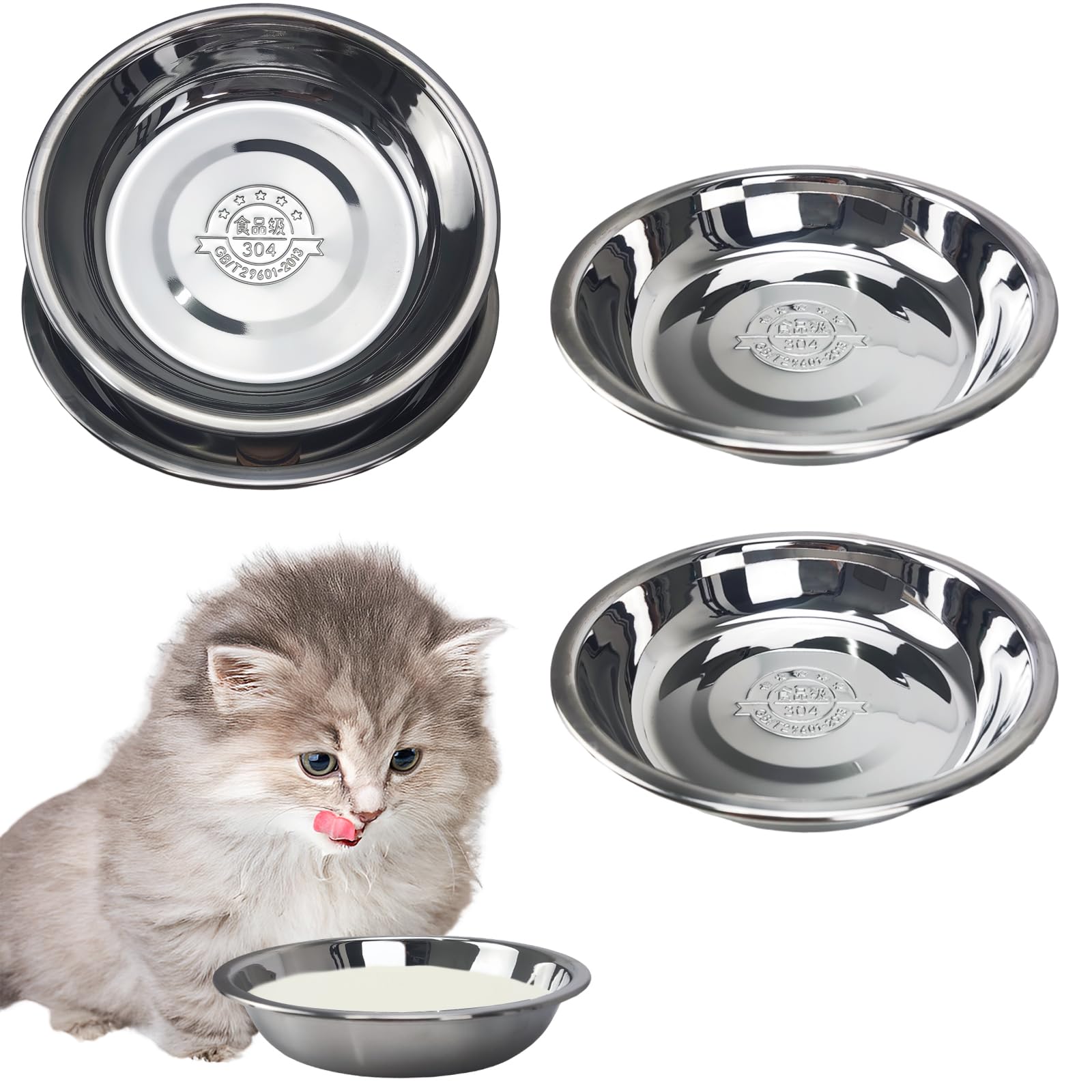 4pcs Stainless Steel Cat Bowls - 7.1 Inch Metal, Shallow Dish for Indoor Cats - Elevated Food Bowl for Kittens with Whisker Fati