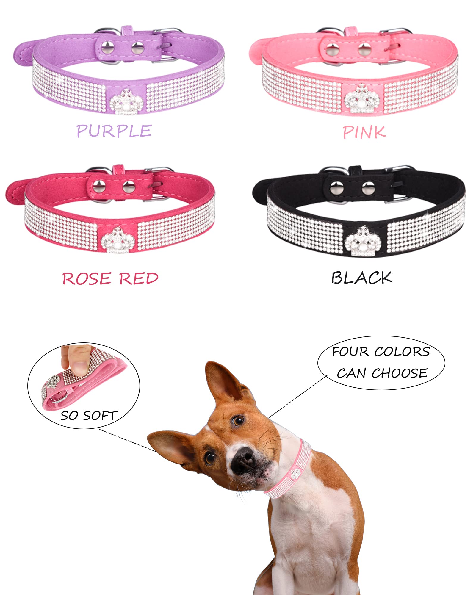 Dog Collar For Small Dogs, Adjustable Leather Suede Bling Dog Collars,Pink Dog Collar Cat Collar, Rhinestone Dog Collar (L, Purp