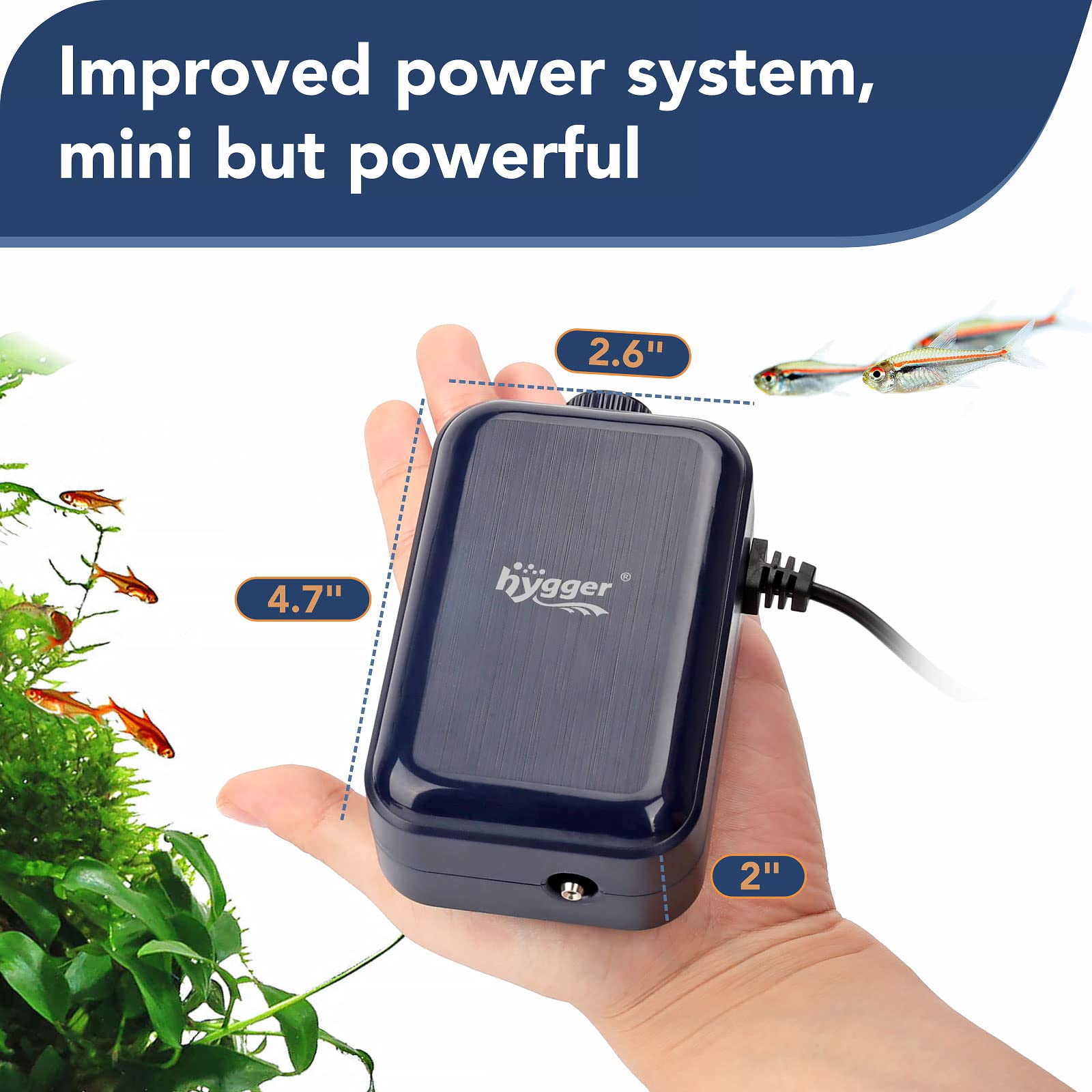 Hygger Aquarium Air Pump, Adjustable Oxygen Pump, Silent Powerful Aerator Pump 2W/3W/4.5W/6W/ 1 Air Outlets Ultra For Up To 50 G