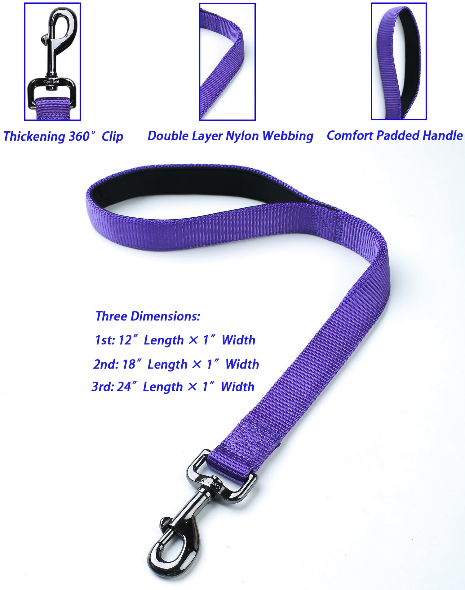 Cyclpet Premium 18 Inches Nylon Short Dog Leash With Heavy Duty Clasp And Comfortable Padded Handle For Large Medium Breed Dogs