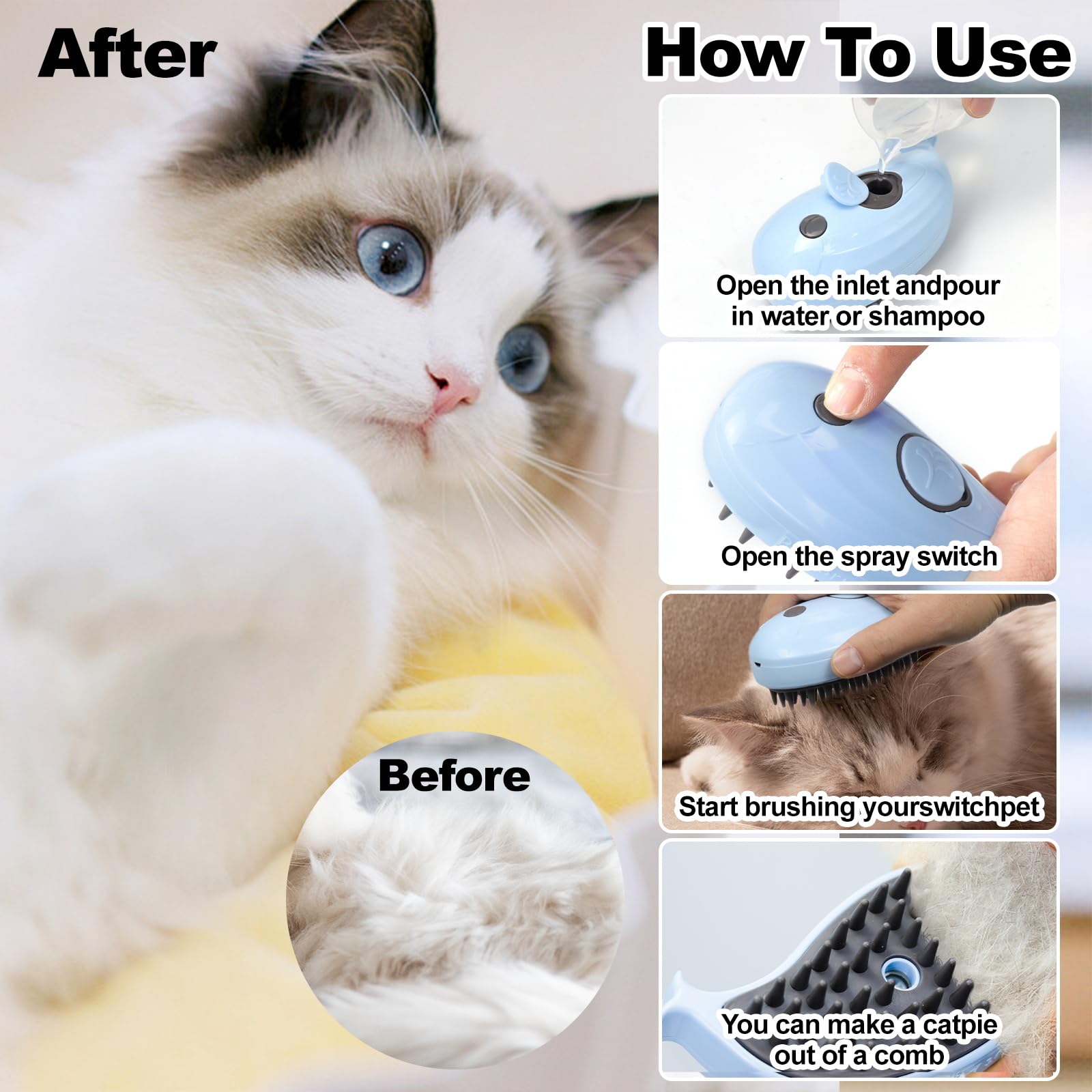 Cat Steam Brush For Shedding, Grooming With Steam, Rechargeable, Steamy Cat Brushes 3 In1, Self Cleaning Brush Massage,Clean And